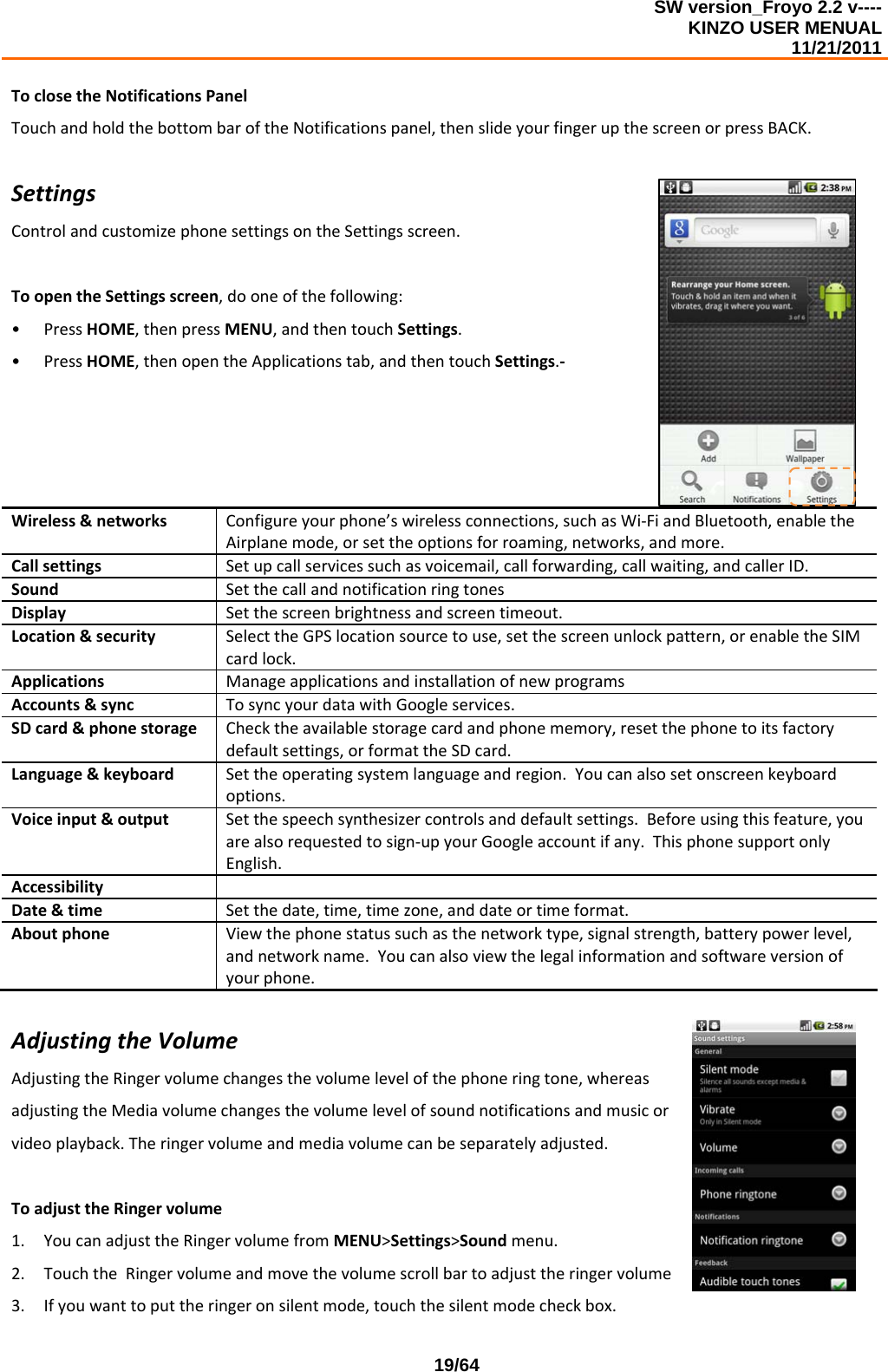 SW version_Froyo 2.2 v---- KINZO USER MENUAL                                                                                                                                            11/21/2011    19/64ToclosetheNotificationsPanelTouchandholdthebottombaroftheNotificationspanel,thenslideyourfingerupthescreenorpressBACK.SettingsControlandcustomizephonesettingsontheSettingsscreen.ToopentheSettingsscreen,dooneofthefollowing:• PressHOME,thenpressMENU,andthentouchSettings.• PressHOME,thenopentheApplicationstab,andthentouchSettings.‐Wireless&amp;networksConfigureyourphone’swirelessconnections,suchasWi‐FiandBluetooth,enabletheAirplanemode,orsettheoptionsforroaming,networks,andmore.CallsettingsSetupcallservicessuchasvoicemail,callforwarding,callwaiting,andcallerID.Sound SetthecallandnotificationringtonesDisplaySetthescreenbrightnessandscreentimeout.Location&amp;securitySelecttheGPSlocationsourcetouse,setthescreenunlockpattern,orenabletheSIMcardlock.ApplicationsManageapplicationsandinstallationofnewprogramsAccounts&amp;syncTosyncyourdatawithGoogleservices.SDcard&amp;phonestorageChecktheavailablestoragecardandphonememory,resetthephonetoitsfactorydefaultsettings,orformattheSDcard.Language&amp;keyboardSettheoperatingsystemlanguageandregion.Youcanalsosetonscreenkeyboardoptions.Voiceinput&amp;outputSetthespeechsynthesizercontrolsanddefaultsettings.Beforeusingthisfeature,youarealsorequestedtosign‐upyourGoogleaccountifany.ThisphonesupportonlyEnglish.AccessibilityDate&amp;timeSetthedate,time,timezone,anddateortimeformat.AboutphoneViewthephonestatussuchasthenetworktype,signalstrength,batterypowerlevel,andnetworkname.Youcanalsoviewthelegalinformationandsoftwareversionofyourphone.AdjustingtheVolumeAdjustingtheRingervolumechangesthevolumelevelofthephoneringtone,whereasadjustingtheMediavolumechangesthevolumelevelofsoundnotificationsandmusicorvideoplayback.Theringervolumeandmediavolumecanbeseparatelyadjusted.ToadjusttheRingervolume1. YoucanadjusttheRingervolumefromMENU&gt;Settings&gt;Soundmenu.2. TouchtheRingervolumeandmovethevolumescrollbartoadjusttheringervolume3. Ifyouwanttoputtheringeronsilentmode,touchthesilentmodecheckbox.