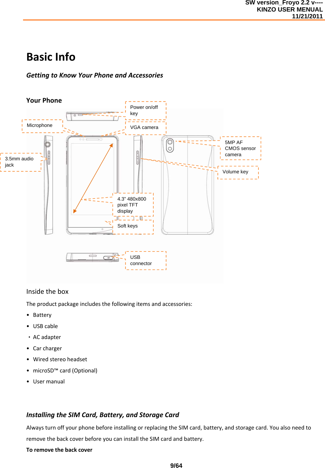 SW version_Froyo 2.2 v---- KINZO USER MENUAL                                                                                                                                            11/21/2011    9/64BasicInfoGettingtoKnowYourPhoneandAccessoriesYourPhoneInsidetheboxTheproductpackageincludesthefollowingitemsandaccessories:• Battery• USBcable‧ ACadapter• Carcharger• Wiredstereoheadset• microSD™card(Optional)• UsermanualInstallingtheSIMCard,Battery,andStorageCardAlwaysturnoffyourphonebeforeinstallingorreplacingtheSIMcard,battery,andstoragecard.YoualsoneedtoremovethebackcoverbeforeyoucaninstalltheSIMcardandbattery.Toremovethebackcover4.3” 480x800 pixel TFT display Volume key 5MP AF CMOS sensor cameraMicrophone 3.5mm audio jack Power on/off key USB connector Soft keys VGA camera 