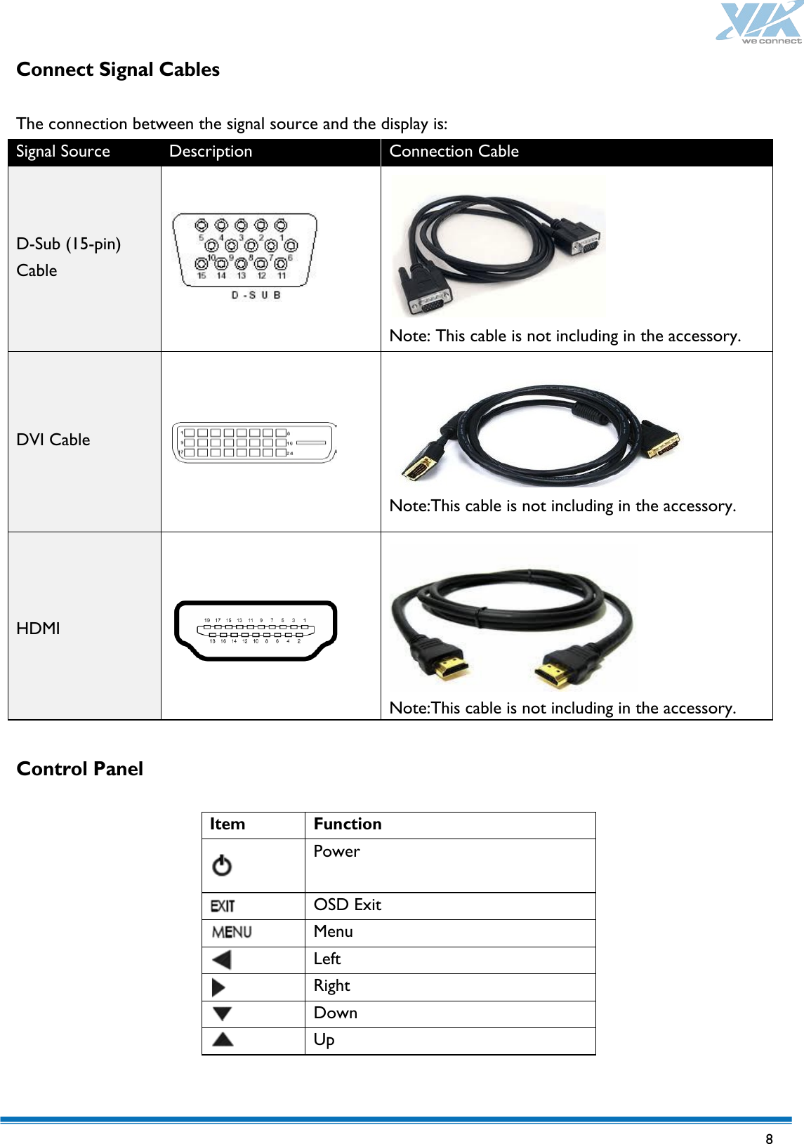   8  Connect Signal Cables  The connection between the signal source and the display is: Signal Source Description Connection Cable    D-Sub (15-pin) Cable       Note: This cable is not including in the accessory.    DVI Cable         Note:This cable is not including in the accessory.    HDMI        Note:This cable is not including in the accessory.  Control Panel   Item Function   Power   OSD Exit   Menu   Left   Right   Down   Up 