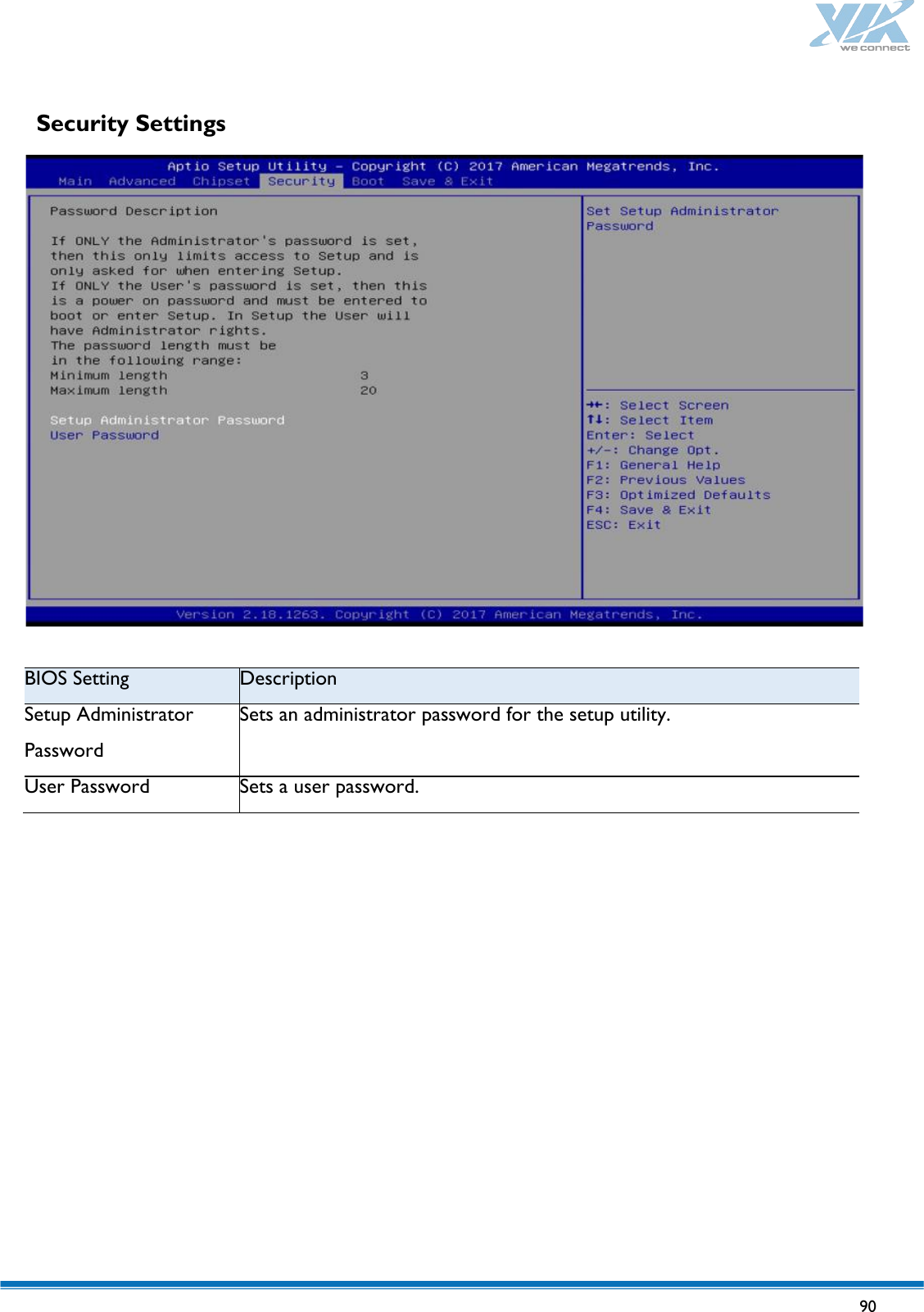   90   Security Settings  BIOS Setting Description Setup Administrator Password Sets an administrator password for the setup utility. User Password Sets a user password.       