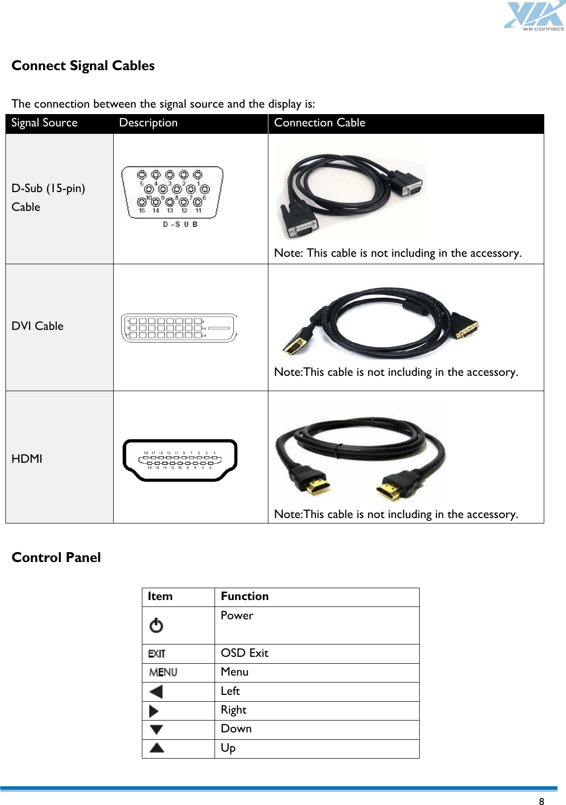   8  Connect Signal Cables  The connection between the signal source and the display is: Signal Source Description Connection Cable    D-Sub (15-pin) Cable       Note: This cable is not including in the accessory.    DVI Cable         Note:This cable is not including in the accessory.    HDMI        Note:This cable is not including in the accessory.   Control Panel   Item Function   Power   OSD Exit   Menu   Left   Right   Down   Up 