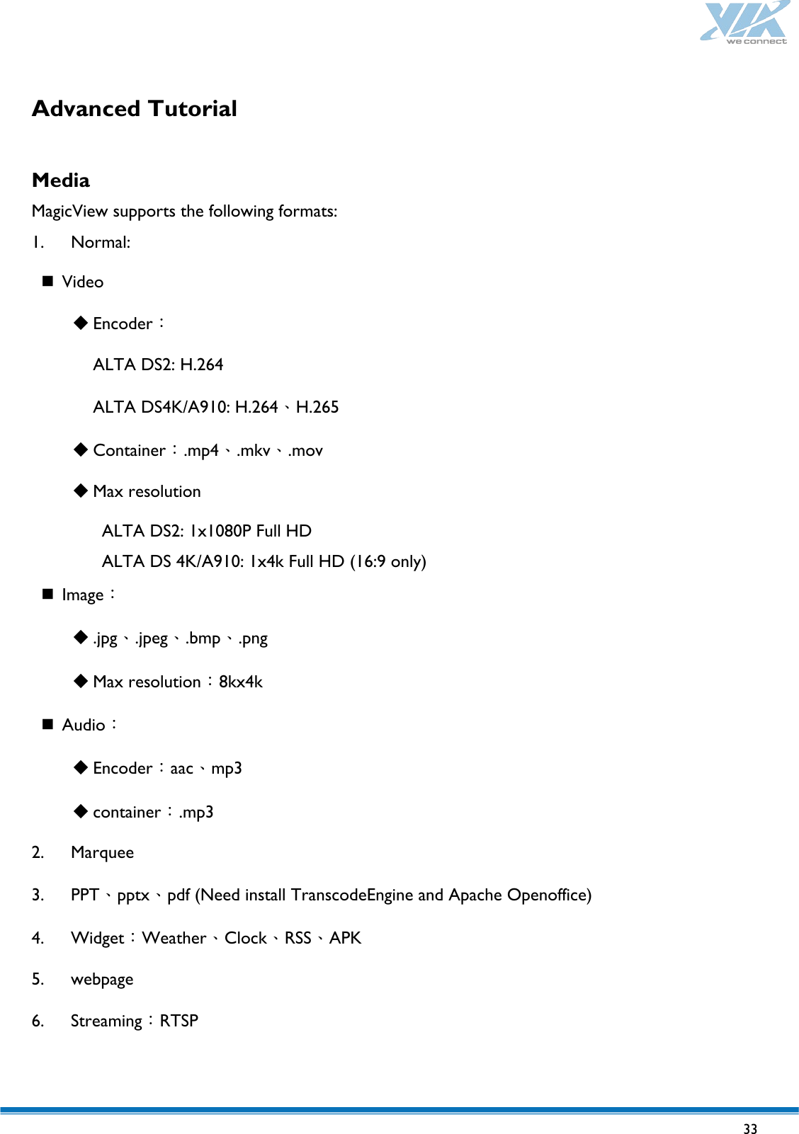   33   Advanced Tutorial  Media MagicView supports the following formats: 1. Normal:  Video  Encoder： ALTA DS2: H.264 ALTA DS4K/A910: H.264、H.265  Container：.mp4、.mkv、.mov  Max resolution ALTA DS2: 1x1080P Full HD ALTA DS 4K/A910: 1x4k Full HD (16:9 only)  Image：  .jpg、.jpeg、.bmp、.png  Max resolution：8kx4k  Audio：  Encoder：aac、mp3  container：.mp3 2. Marquee 3. PPT、pptx、pdf (Need install TranscodeEngine and Apache Openoffice) 4. Widget：Weather、Clock、RSS、APK 5. webpage 6. Streaming：RTSP  