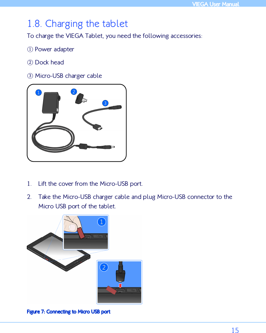            VIEGA  VIEGA  VIEGA  VIEGA User ManualUser ManualUser ManualUser Manual      15 1.8. Charging the tablet To charge the VIEGA Tablet, you need the following accessories: ○1 Power adapter ○2 Dock head ○3 Micro-USB charger cable   1. Lift the cover from the Micro-USB port.  2. Take the Micro-USB charger cable and plug Micro-USB connector to the Micro USB port of the tablet.   Figure Figure Figure Figure 7777: : : : Connecting to Micro USB portConnecting to Micro USB portConnecting to Micro USB portConnecting to Micro USB port 