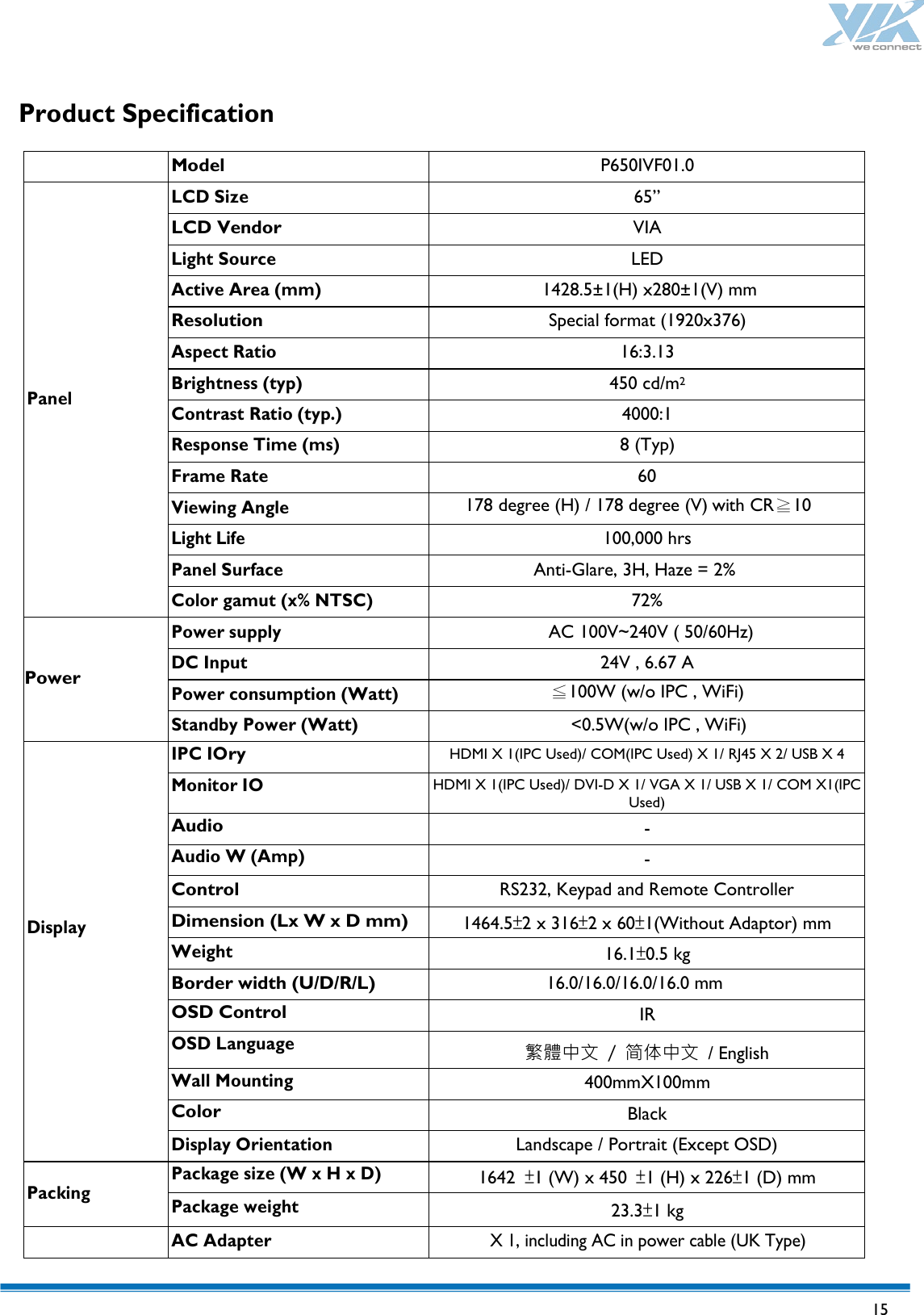   15  Product Specification   Model P650IVF01.0         Panel LCD Size 65” LCD Vendor VIA Light Source LED Active Area (mm) 1428.5±1(H) x280±1(V) mm Resolution Special format (1920x376) Aspect Ratio 16:3.13 Brightness (typ) 450 cd/m2 Contrast Ratio (typ.) 4000:1 Response Time (ms) 8 (Typ) Frame Rate 60 Viewing Angle 178 degree (H) / 178 degree (V) with CR≧10 Light Life 100,000 hrs Panel Surface Anti-Glare, 3H, Haze = 2% Color gamut (x% NTSC) 72% Power Power supply AC 100V~240V ( 50/60Hz) DC Input 24V , 6.67 A Power consumption (Watt) ≦100W (w/o IPC , WiFi) Standby Power (Watt) &lt;0.5W(w/o IPC , WiFi)        Display IPC IOry HDMI X 1(IPC Used)/ COM(IPC Used) X 1/ RJ45 X 2/ USB X 4 Monitor IO HDMI X 1(IPC Used)/ DVI-D X 1/ VGA X 1/ USB X 1/ COM X1(IPC Used) Audio - Audio W (Amp) - Control RS232, Keypad and Remote Controller Dimension (Lx W x D mm) 1464.5±2 x 316±2 x 60±1(Without Adaptor) mm Weight 16.1±0.5 kg Border width (U/D/R/L) 16.0/16.0/16.0/16.0 mm OSD Control IR OSD Language 繁體中文 /  简体中文 / English Wall Mounting 400mmX100mm Color Black Display Orientation Landscape / Portrait (Except OSD)  Packing Package size (W x H x D) 1642  ±1 (W) x 450  ±1 (H) x 226±1 (D) mm Package weight 23.3±1 kg  AC Adapter X 1, including AC in power cable (UK Type) 