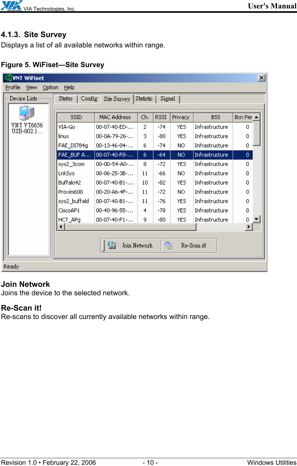  VIA Technologies, Inc. User&apos;s Manual Revision 1.0 • February 22, 2006  - 10 -  Windows Utilities  4.1.3. Site Survey Displays a list of all available networks within range. Figure 5. WiFiset—Site Survey  Join Network Joins the device to the selected network. Re-Scan it! Re-scans to discover all currently available networks within range. 