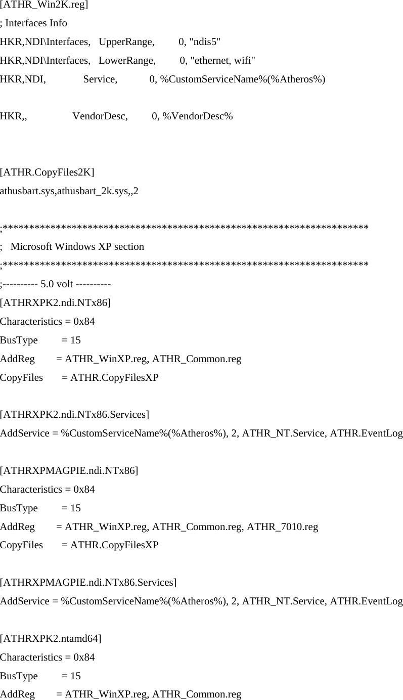    [ATHR_Win2K.reg] ; Interfaces Info HKR,NDI\Interfaces,   UpperRange,         0, &quot;ndis5&quot; HKR,NDI\Interfaces,   LowerRange,         0, &quot;ethernet, wifi&quot; HKR,NDI,              Service,            0, %CustomServiceName%(%Atheros%)  HKR,,                 VendorDesc,         0, %VendorDesc%   [ATHR.CopyFiles2K] athusbart.sys,athusbart_2k.sys,,2  ;********************************************************************* ;   Microsoft Windows XP section ;********************************************************************* ;---------- 5.0 volt ---------- [ATHRXPK2.ndi.NTx86] Characteristics = 0x84 BusType         = 15 AddReg   = ATHR_WinXP.reg, ATHR_Common.reg CopyFiles       = ATHR.CopyFilesXP  [ATHRXPK2.ndi.NTx86.Services] AddService = %CustomServiceName%(%Atheros%), 2, ATHR_NT.Service, ATHR.EventLog  [ATHRXPMAGPIE.ndi.NTx86] Characteristics = 0x84 BusType         = 15 AddReg   = ATHR_WinXP.reg, ATHR_Common.reg, ATHR_7010.reg CopyFiles       = ATHR.CopyFilesXP  [ATHRXPMAGPIE.ndi.NTx86.Services] AddService = %CustomServiceName%(%Atheros%), 2, ATHR_NT.Service, ATHR.EventLog  [ATHRXPK2.ntamd64] Characteristics = 0x84 BusType         = 15 AddReg   = ATHR_WinXP.reg, ATHR_Common.reg 