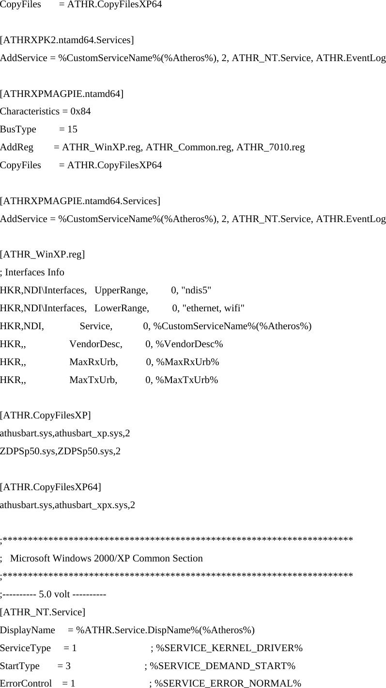   CopyFiles       = ATHR.CopyFilesXP64  [ATHRXPK2.ntamd64.Services] AddService = %CustomServiceName%(%Atheros%), 2, ATHR_NT.Service, ATHR.EventLog  [ATHRXPMAGPIE.ntamd64] Characteristics = 0x84 BusType         = 15 AddReg   = ATHR_WinXP.reg, ATHR_Common.reg, ATHR_7010.reg CopyFiles       = ATHR.CopyFilesXP64  [ATHRXPMAGPIE.ntamd64.Services] AddService = %CustomServiceName%(%Atheros%), 2, ATHR_NT.Service, ATHR.EventLog  [ATHR_WinXP.reg] ; Interfaces Info HKR,NDI\Interfaces,   UpperRange,         0, &quot;ndis5&quot; HKR,NDI\Interfaces,   LowerRange,         0, &quot;ethernet, wifi&quot; HKR,NDI,              Service,            0, %CustomServiceName%(%Atheros%) HKR,,                 VendorDesc,         0, %VendorDesc% HKR,,                 MaxRxUrb,           0, %MaxRxUrb% HKR,,                 MaxTxUrb,           0, %MaxTxUrb%  [ATHR.CopyFilesXP] athusbart.sys,athusbart_xp.sys,2 ZDPSp50.sys,ZDPSp50.sys,2  [ATHR.CopyFilesXP64] athusbart.sys,athusbart_xpx.sys,2  ;********************************************************************* ;   Microsoft Windows 2000/XP Common Section ;********************************************************************* ;---------- 5.0 volt ---------- [ATHR_NT.Service] DisplayName     = %ATHR.Service.DispName%(%Atheros%) ServiceType     = 1                             ; %SERVICE_KERNEL_DRIVER% StartType       = 3                             ; %SERVICE_DEMAND_START% ErrorControl    = 1                             ; %SERVICE_ERROR_NORMAL% 