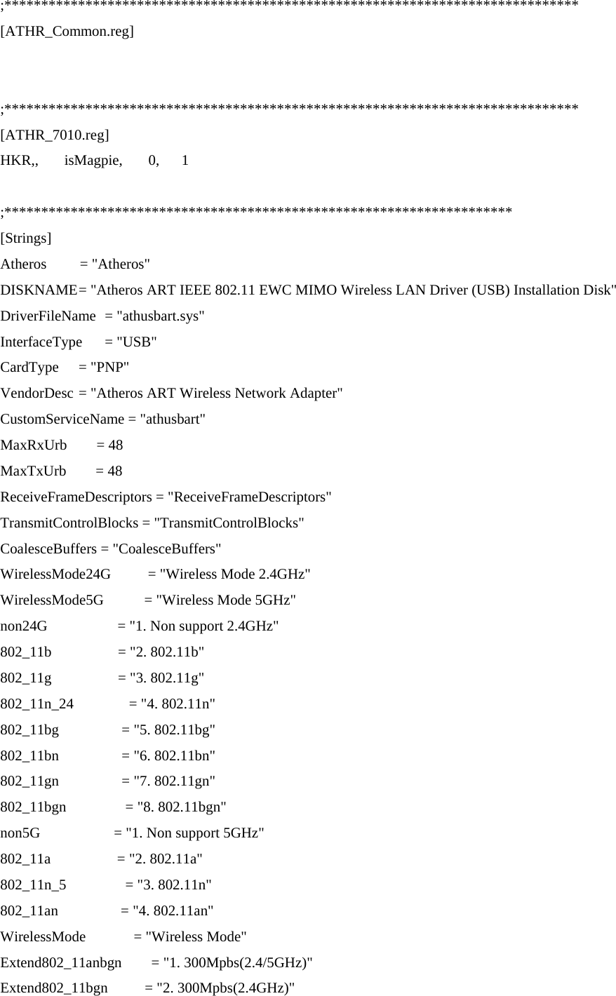   ;****************************************************************************** [ATHR_Common.reg]   ;****************************************************************************** [ATHR_7010.reg] HKR,,       isMagpie,       0,      1  ;********************************************************************* [Strings] Atheros         = &quot;Atheros&quot; DISKNAME = &quot;Atheros ART IEEE 802.11 EWC MIMO Wireless LAN Driver (USB) Installation Disk&quot; DriverFileName = &quot;athusbart.sys&quot; InterfaceType = &quot;USB&quot; CardType = &quot;PNP&quot; VendorDesc = &quot;Atheros ART Wireless Network Adapter&quot; CustomServiceName = &quot;athusbart&quot; MaxRxUrb        = 48 MaxTxUrb        = 48 ReceiveFrameDescriptors = &quot;ReceiveFrameDescriptors&quot; TransmitControlBlocks = &quot;TransmitControlBlocks&quot; CoalesceBuffers = &quot;CoalesceBuffers&quot; WirelessMode24G          = &quot;Wireless Mode 2.4GHz&quot; WirelessMode5G           = &quot;Wireless Mode 5GHz&quot; non24G                   = &quot;1. Non support 2.4GHz&quot; 802_11b                  = &quot;2. 802.11b&quot; 802_11g                  = &quot;3. 802.11g&quot; 802_11n_24               = &quot;4. 802.11n&quot; 802_11bg                 = &quot;5. 802.11bg&quot; 802_11bn                 = &quot;6. 802.11bn&quot; 802_11gn                 = &quot;7. 802.11gn&quot; 802_11bgn                = &quot;8. 802.11bgn&quot; non5G                    = &quot;1. Non support 5GHz&quot; 802_11a                  = &quot;2. 802.11a&quot; 802_11n_5                = &quot;3. 802.11n&quot; 802_11an                 = &quot;4. 802.11an&quot; WirelessMode             = &quot;Wireless Mode&quot; Extend802_11anbgn        = &quot;1. 300Mpbs(2.4/5GHz)&quot; Extend802_11bgn          = &quot;2. 300Mpbs(2.4GHz)&quot; 