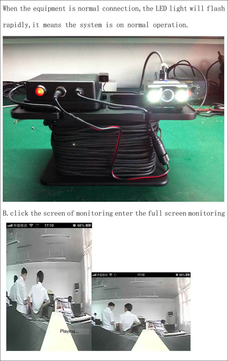 When the equipment is normal connection,the LED light will flashrapidly,it means the system is on normal operation.B.click the screen of monitoring enter the full screen monitoring