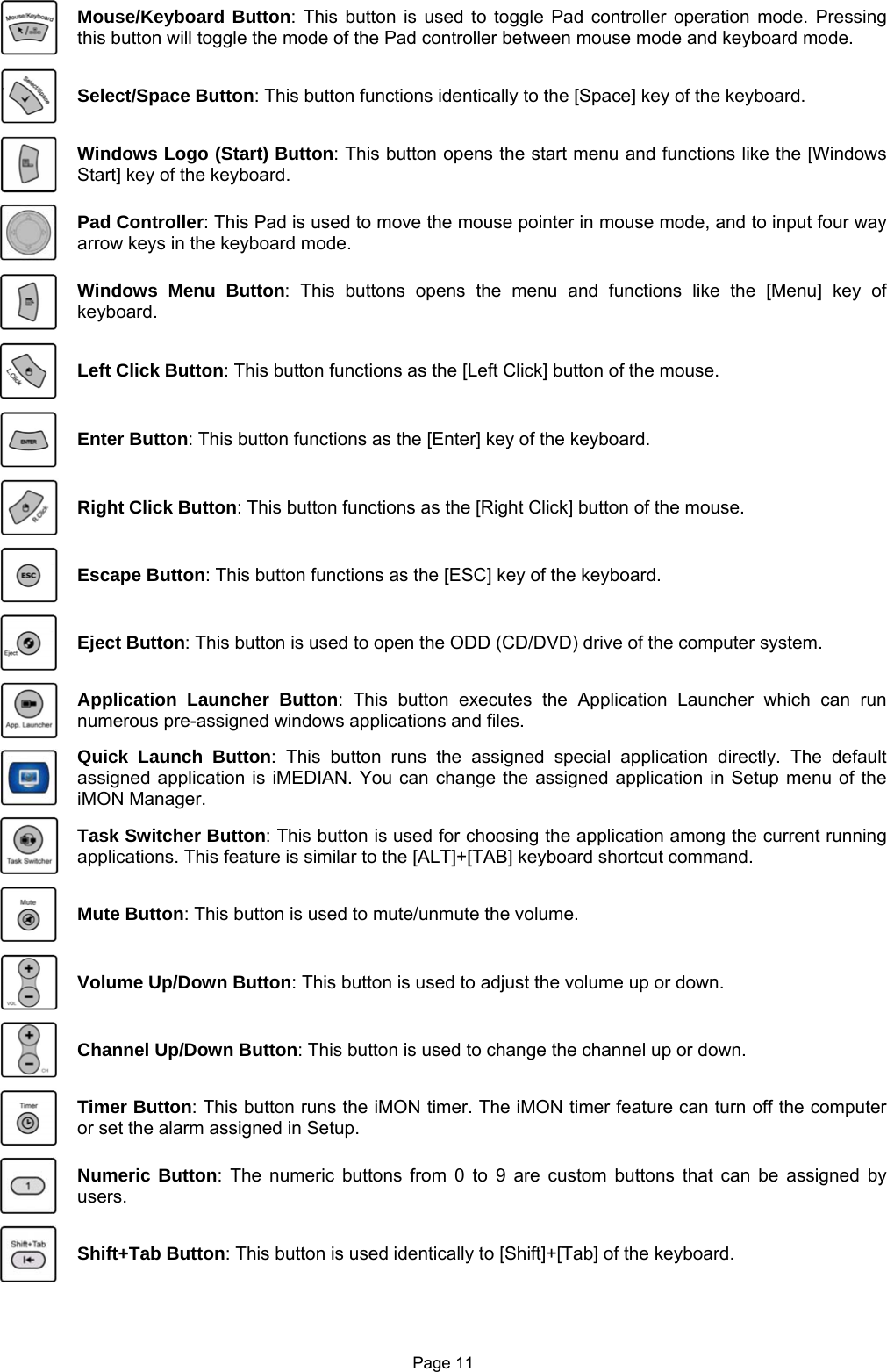 Page 11  Mouse/Keyboard Button: This button is used to toggle Pad controller operation mode. Pressing this button will toggle the mode of the Pad controller between mouse mode and keyboard mode.  Select/Space Button: This button functions identically to the [Space] key of the keyboard.  Windows Logo (Start) Button: This button opens the start menu and functions like the [Windows Start] key of the keyboard.  Pad Controller: This Pad is used to move the mouse pointer in mouse mode, and to input four way arrow keys in the keyboard mode.  Windows Menu Button: This buttons opens the menu and functions like the [Menu] key of keyboard.  Left Click Button: This button functions as the [Left Click] button of the mouse.  Enter Button: This button functions as the [Enter] key of the keyboard.  Right Click Button: This button functions as the [Right Click] button of the mouse.  Escape Button: This button functions as the [ESC] key of the keyboard.  Eject Button: This button is used to open the ODD (CD/DVD) drive of the computer system.  Application Launcher Button: This button executes the Application Launcher which can run numerous pre-assigned windows applications and files.  Quick Launch Button: This button runs the assigned special application directly. The default assigned application is iMEDIAN. You can change the assigned application in Setup menu of the iMON Manager.  Task Switcher Button: This button is used for choosing the application among the current running applications. This feature is similar to the [ALT]+[TAB] keyboard shortcut command.  Mute Button: This button is used to mute/unmute the volume.  Volume Up/Down Button: This button is used to adjust the volume up or down.  Channel Up/Down Button: This button is used to change the channel up or down.  Timer Button: This button runs the iMON timer. The iMON timer feature can turn off the computer or set the alarm assigned in Setup.    Numeric Button: The numeric buttons from 0 to 9 are custom buttons that can be assigned by users.  Shift+Tab Button: This button is used identically to [Shift]+[Tab] of the keyboard.   