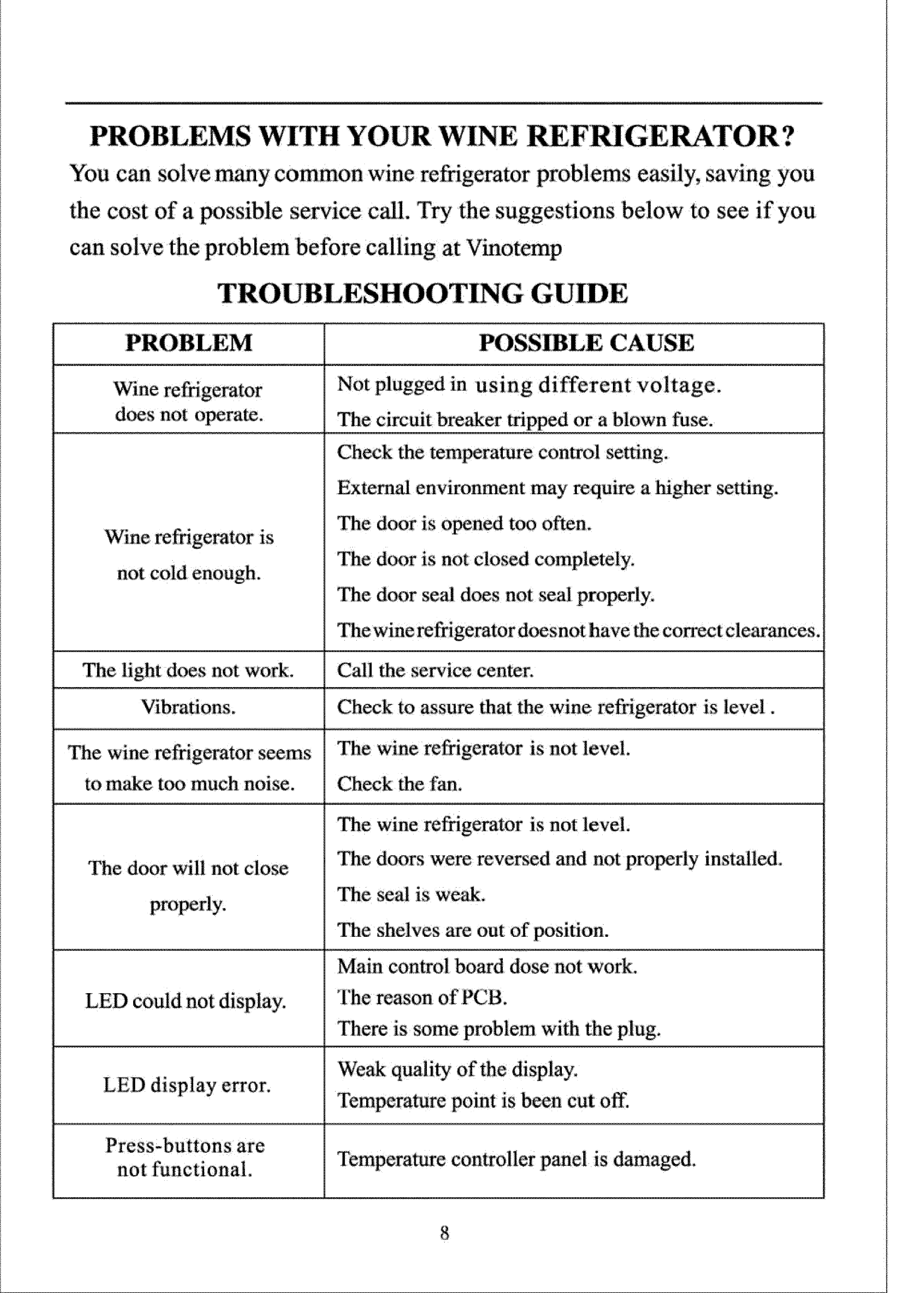 Page 10 of 12 - VINOTEMP  Wine Cooler Manual L0801832