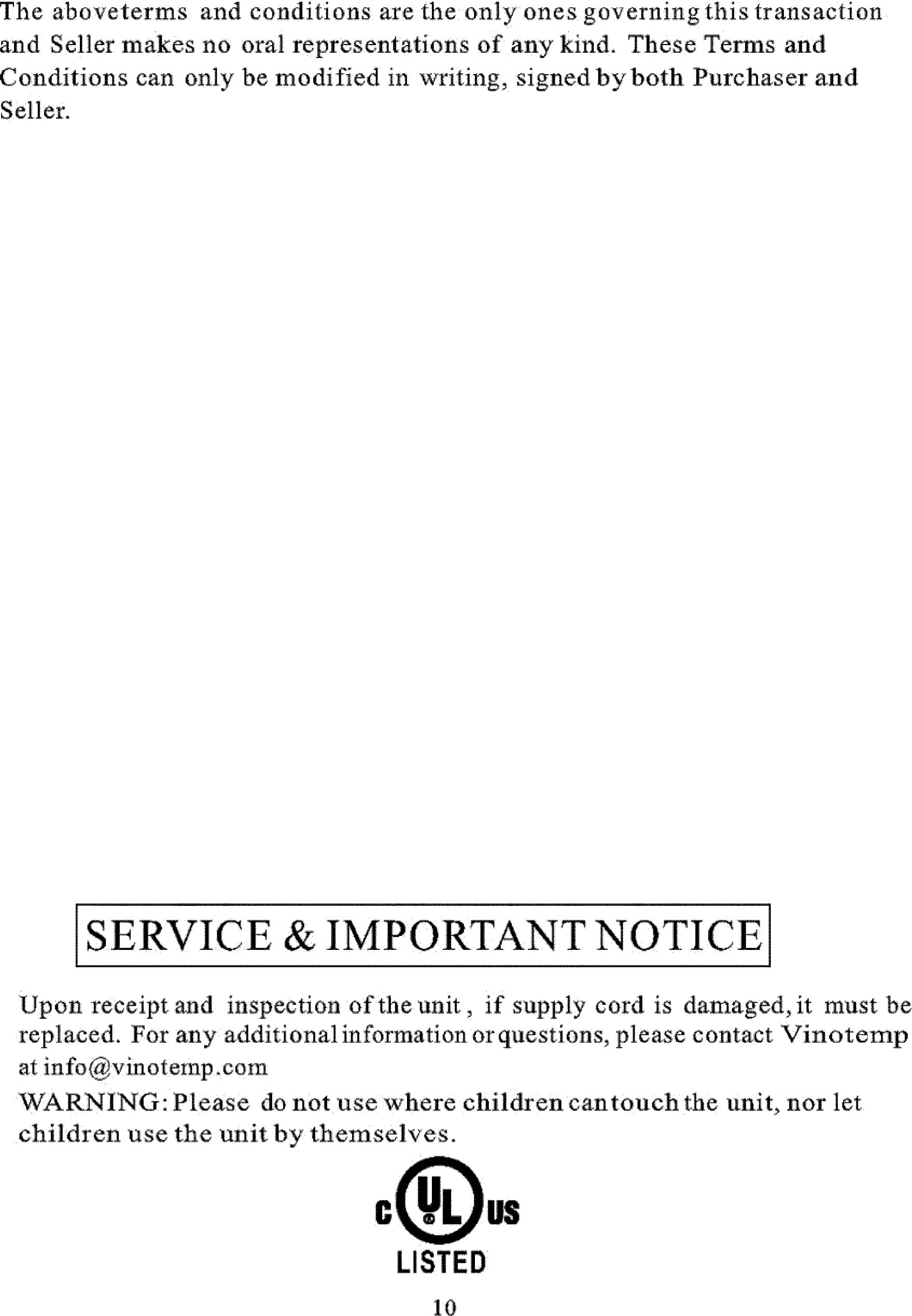 Page 12 of 12 - VINOTEMP  Wine Cooler Manual L0801832