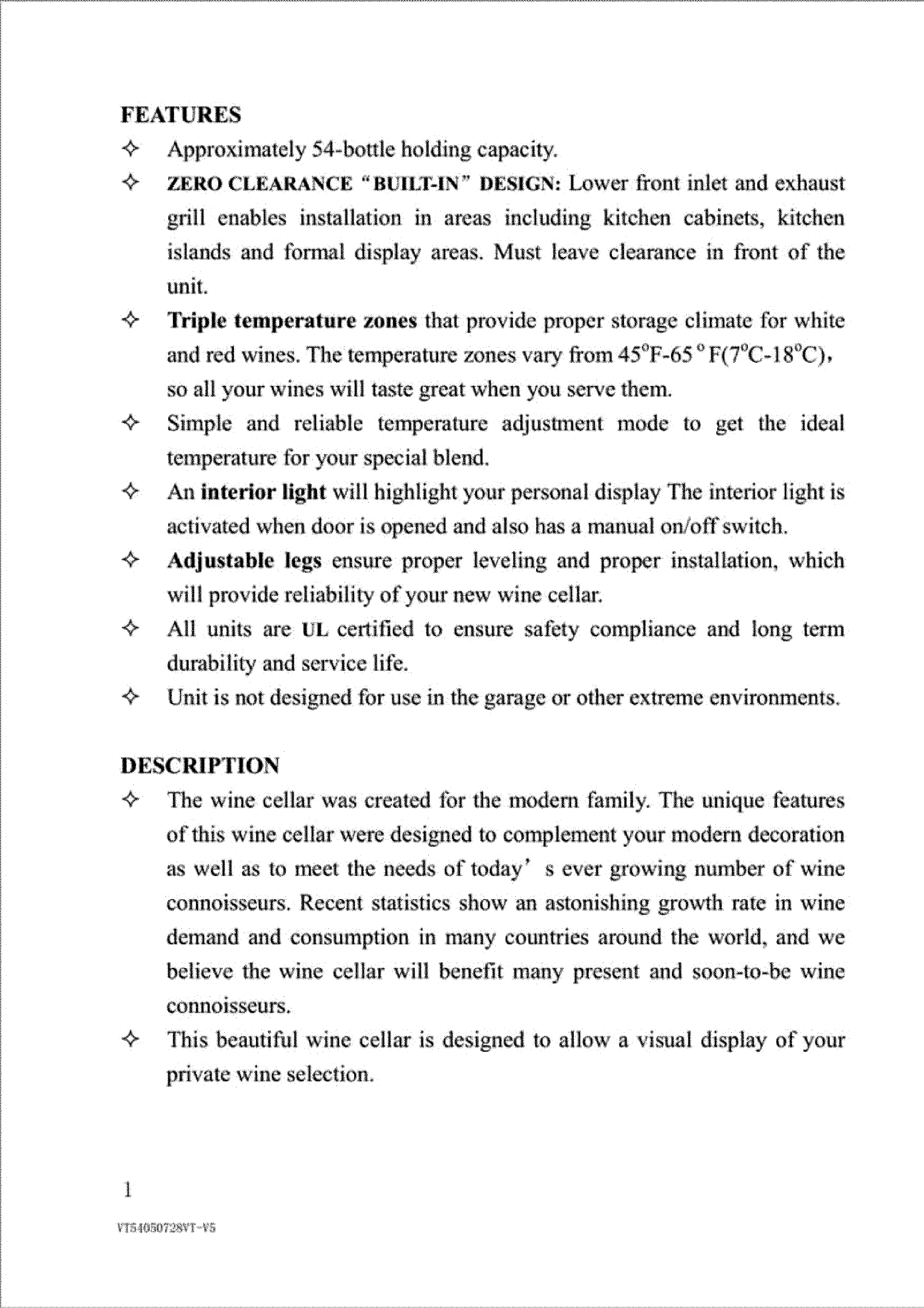 Page 3 of 10 - VINOTEMP  Wine Cooler Manual L0801888