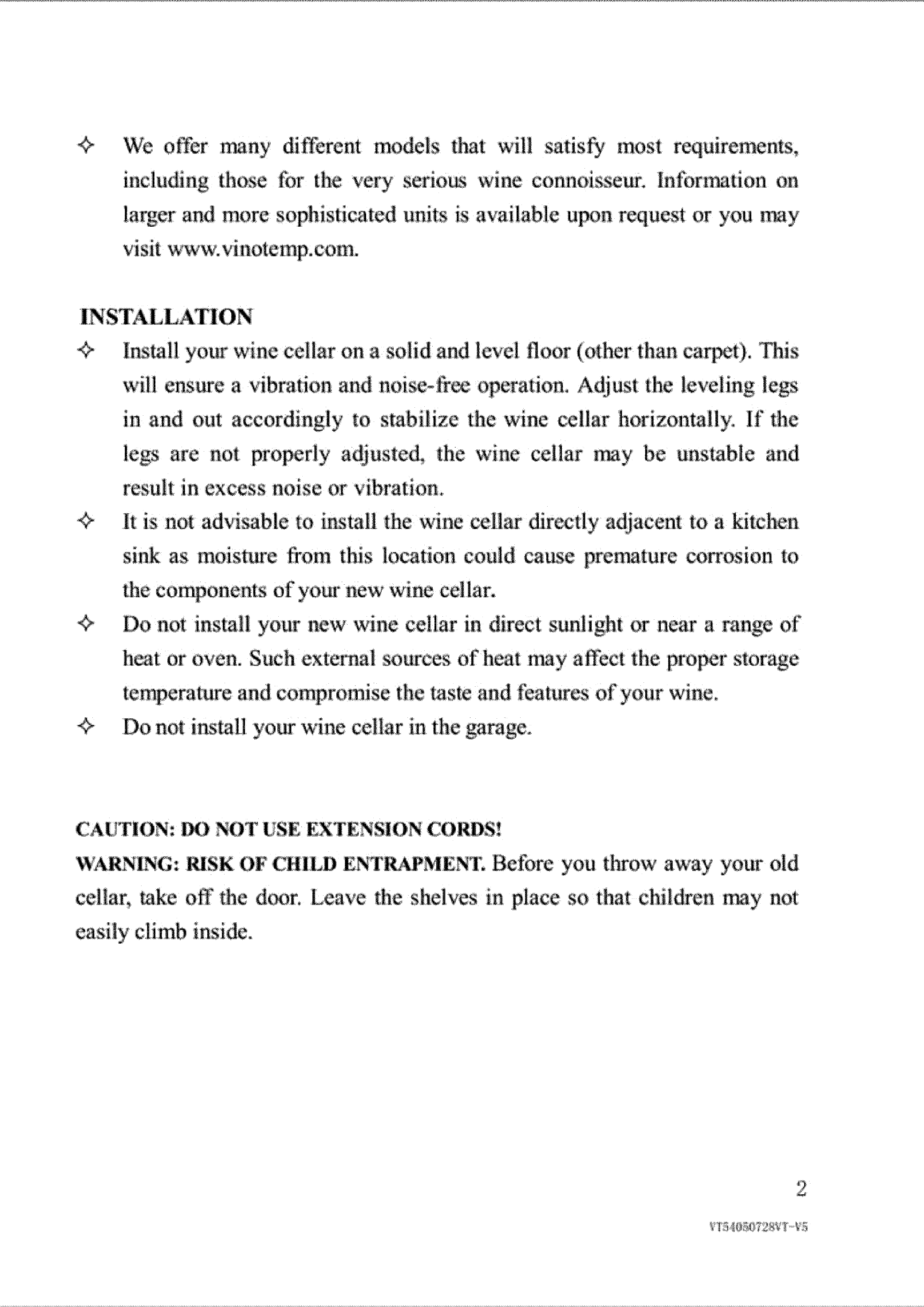 Page 4 of 10 - VINOTEMP  Wine Cooler Manual L0801888