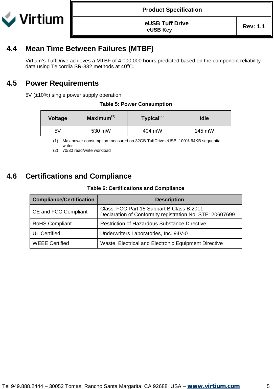   Product Specification   eUSB Tuff Drive   eUSB Key Rev: 1.1     Tel 949.888.2444 – 30052 Tomas, Rancho Santa Margarita, CA 92688  USA – www.virtium.com                5 4.4 Mean Time Between Failures (MTBF) Virtium’s TuffDrive achieves a MTBF of 4,000,000 hours predicted based on the component reliability data using Telcordia SR-332 methods at 40oC.  4.5 Power Requirements 5V (±10%) single power supply operation. Table 5: Power Consumption Voltage Maximum(1) Typical(2) Idle 5V 530 mW 404 mW 145 mW (1) Max power consumption measured on 32GB TuffDrive eUSB, 100% 64KB sequential writes (2) 70/30 read/write workload  4.6 Certifications and Compliance Table 6: Certifications and Compliance Compliance/Certification Description CE and FCC Compliant Class: FCC Part 15 Subpart B Class B:2011 Declaration of Conformity registration No. STE120607699 RoHS Compliant  Restriction of Hazardous Substance Directive UL Certified Underwriters Laboratories, Inc. 94V-0 WEEE Certified Waste, Electrical and Electronic Equipment Directive                  