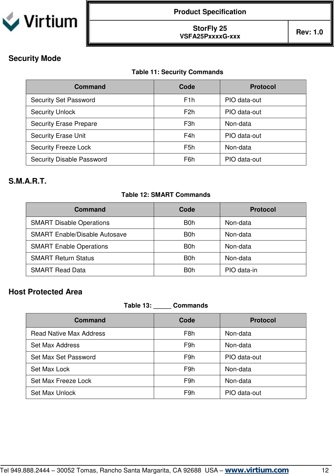  Product Specification   StorFly 25 VSFA25PxxxxG-xxx Rev: 1.0   Tel 949.888.2444 – 30052 Tomas, Rancho Santa Margarita, CA 92688  USA – www.virtium.com                12 Security Mode  Table 11: Security Commands Command  Code  Protocol Security Set Password  F1h  PIO data-out Security Unlock  F2h  PIO data-out Security Erase Prepare  F3h  Non-data Security Erase Unit  F4h  PIO data-out Security Freeze Lock  F5h  Non-data Security Disable Password  F6h  PIO data-out  S.M.A.R.T. Table 12: SMART Commands Command  Code  Protocol SMART Disable Operations  B0h  Non-data SMART Enable/Disable Autosave  B0h  Non-data SMART Enable Operations  B0h  Non-data SMART Return Status  B0h  Non-data SMART Read Data  B0h  PIO data-in  Host Protected Area Table 13: _____ Commands Command  Code  Protocol Read Native Max Address  F8h  Non-data Set Max Address  F9h  Non-data Set Max Set Password  F9h  PIO data-out Set Max Lock  F9h  Non-data Set Max Freeze Lock  F9h  Non-data Set Max Unlock  F9h  PIO data-out 