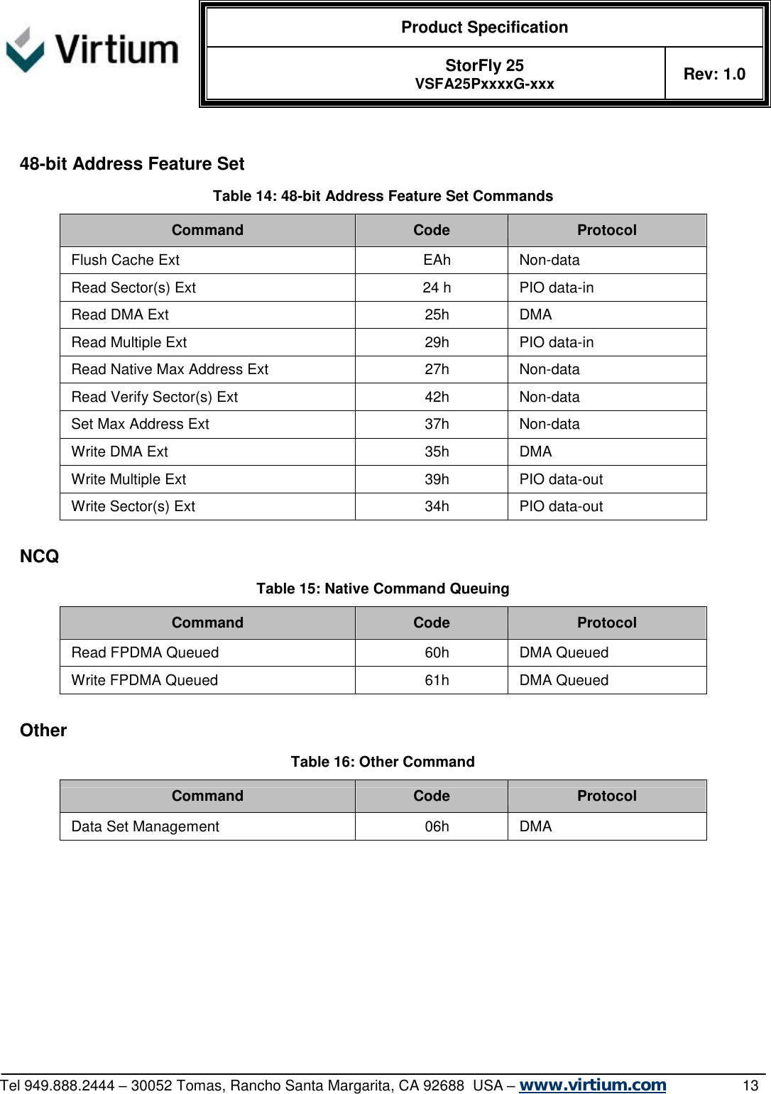  Product Specification   StorFly 25 VSFA25PxxxxG-xxx Rev: 1.0   Tel 949.888.2444 – 30052 Tomas, Rancho Santa Margarita, CA 92688  USA – www.virtium.com                13  48-bit Address Feature Set Table 14: 48-bit Address Feature Set Commands Command  Code  Protocol Flush Cache Ext  EAh  Non-data Read Sector(s) Ext  24 h  PIO data-in Read DMA Ext  25h  DMA Read Multiple Ext  29h  PIO data-in Read Native Max Address Ext  27h  Non-data Read Verify Sector(s) Ext  42h  Non-data Set Max Address Ext  37h  Non-data Write DMA Ext  35h  DMA Write Multiple Ext  39h  PIO data-out Write Sector(s) Ext  34h  PIO data-out  NCQ Table 15: Native Command Queuing Command  Code  Protocol Read FPDMA Queued  60h  DMA Queued Write FPDMA Queued  61h  DMA Queued  Other Table 16: Other Command Command  Code  Protocol Data Set Management  06h  DMA  