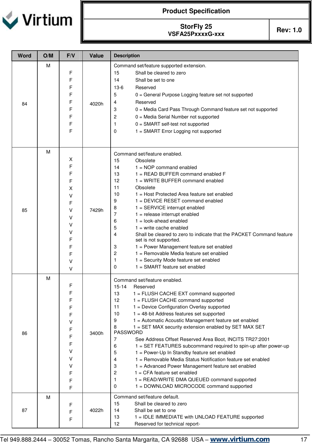  Product Specification   StorFly 25 VSFA25PxxxxG-xxx Rev: 1.0   Tel 949.888.2444 – 30052 Tomas, Rancho Santa Margarita, CA 92688  USA – www.virtium.com                17 Word  O/M  F/V  Value  Description 84 M   F F F F F F F F F 4020h Command set/feature supported extension. 15 Shall be cleared to zero 14 Shall be set to one 13-6 Reserved 5 0 = General Purpose Logging feature set not supported 4 Reserved 3 0 = Media Card Pass Through Command feature set not supported 2 0 = Media Serial Number not supported 1 0 = SMART self-test not supported 0 1 = SMART Error Logging not supported  85 M   X F F F X V F V V V V F F F V V 7429h Command set/feature enabled. 15  Obsolete 14  1 = NOP command enabled 13  1 = READ BUFFER command enabled F 12  1 = WRITE BUFFER command enabled  11  Obsolete 10  1 = Host Protected Area feature set enabled 9  1 = DEVICE RESET command enabled 8  1 = SERVICE interrupt enabled 7  1 = release interrupt enabled 6  1 = look-ahead enabled 5  1 = write cache enabled 4  Shall be cleared to zero to indicate that the PACKET Command feature set is not supported. 3  1 = Power Management feature set enabled 2  1 = Removable Media feature set enabled 1  1 = Security Mode feature set enabled 0  1 = SMART feature set enabled 86 M   F F F F F V F F F V V V F F F 3400h Command set/feature enabled. 15-14     Reserved 13          1 = FLUSH CACHE EXT command supported 12          1 = FLUSH CACHE command supported 11          1 = Device Configuration Overlay supported 10          1 = 48-bit Address features set supported 9            1 = Automatic Acoustic Management feature set enabled 8            1 = SET MAX security extension enabled by SET MAX SET PASSWORD 7  See Address Offset Reserved Area Boot, INCITS TR27:2001 6  1 = SET FEATURES subcommand required to spin-up after power-up 5  1 = Power-Up In Standby feature set enabled 4  1 = Removable Media Status Notification feature set enabled 3  1 = Advanced Power Management feature set enabled 2             1 = CFA feature set enabled 1             1 = READ/WRITE DMA QUEUED command supported 0  1 = DOWNLOAD MICROCODE command supported 87 M   F F F 4022h Command set/feature default. 15           Shall be cleared to zero 14           Shall be set to one 13           1 = IDLE IMMEDIATE with UNLOAD FEATURE supported 12           Reserved for technical report- 