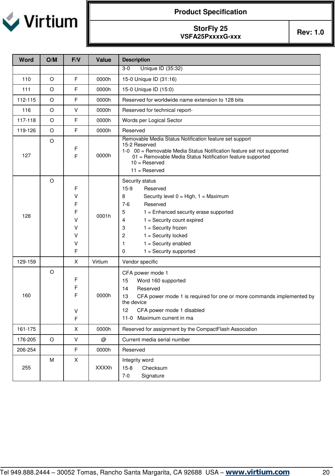  Product Specification   StorFly 25 VSFA25PxxxxG-xxx Rev: 1.0   Tel 949.888.2444 – 30052 Tomas, Rancho Santa Margarita, CA 92688  USA – www.virtium.com                20 Word  O/M  F/V  Value  Description 3-0       Unique ID (35:32) 110  O  F  0000h 15-0 Unique ID (31:16) 111  O  F  0000h 15-0 Unique ID (15:0) 112-115 O  F  0000h Reserved for worldwide name extension to 128 bits 116  O  V  0000h Reserved for technical report- 117-118 O  F  0000h Words per Logical Sector 119-126 O  F  0000h Reserved 127 O   F F  0000h Removable Media Status Notification feature set support 15-2 Reserved 1-0   00 = Removable Media Status Notification feature set not supported        01 = Removable Media Status Notification feature supported       10 = Reserved       11 = Reserved 128 O   F V F F V V V V F 0001h Security status 15-9        Reserved 8             Security level 0 = High, 1 = Maximum 7-6          Reserved 5             1 = Enhanced security erase supported 4             1 = Security count expired 3             1 = Security frozen 2             1 = Security locked 1             1 = Security enabled 0             1 = Security supported 129-159  X  Virtium  Vendor specific 160 O   F F F  V F 0000h CFA power mode 1 15      Word 160 supported 14      Reserved 13      CFA power mode 1 is required for one or more commands implemented by the device 12      CFA power mode 1 disabled 11-0   Maximum current in ma 161-175  X  0000h  Reserved for assignment by the CompactFlash Association 176-205 O  V  @ Current media serial number 206-254   F  0000h Reserved 255 M  X XXXXh Integrity word 15-8 Checksum 7-0 Signature  