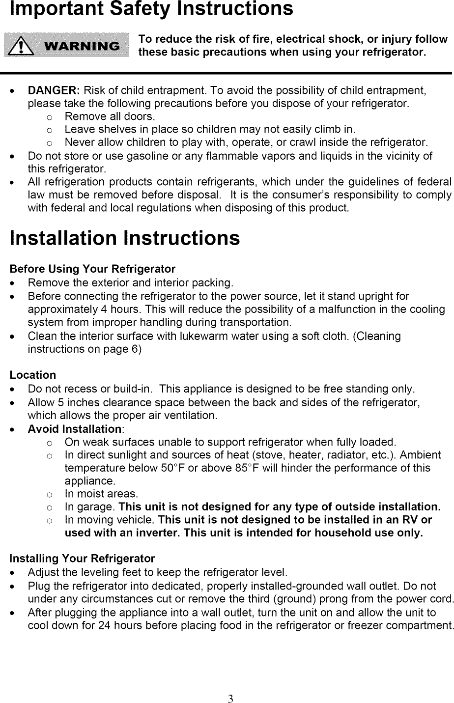 Page 3 of 10 - VISSANI  Refrigerator Compact Manual L0910202