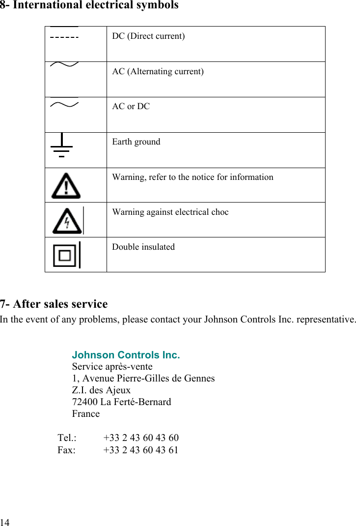  148- International electrical symbols   DC (Direct current)  AC (Alternating current)  AC or DC  Earth ground  Warning, refer to the notice for information  Warning against electrical choc   Double insulated  7- After sales service In the event of any problems, please contact your Johnson Controls Inc. representative.      Johnson Controls Inc. Service après-vente 1, Avenue Pierre-Gilles de Gennes Z.I. des Ajeux 72400 La Ferté-Bernard  France  Tel.:   +33 2 43 60 43 60 Fax:   +33 2 43 60 43 61    