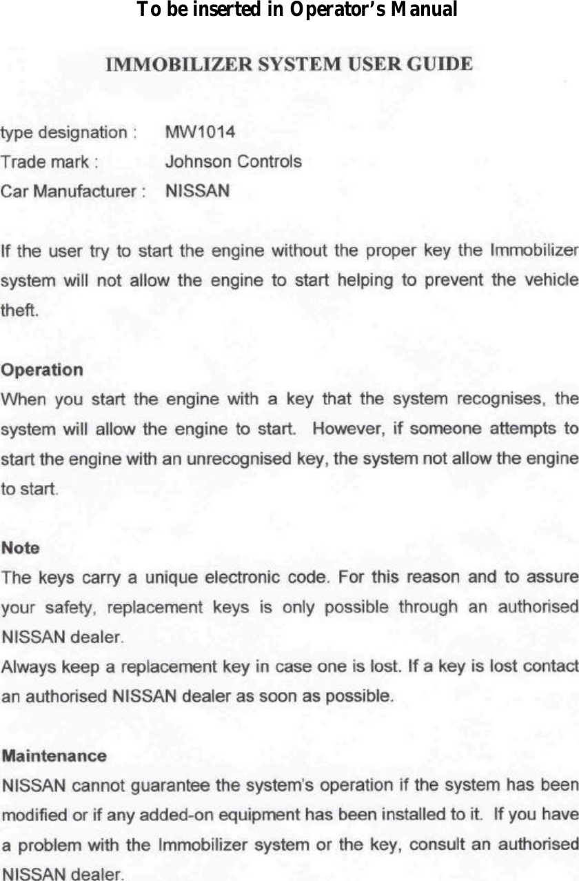 To be inserted in Operator’s Manual   