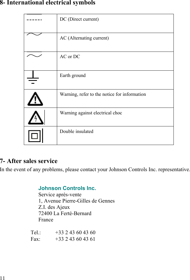  118- International electrical symbols   DC (Direct current)  AC (Alternating current)  AC or DC  Earth ground  Warning, refer to the notice for information  Warning against electrical choc   Double insulated  7- After sales service In the event of any problems, please contact your Johnson Controls Inc. representative.      Johnson Controls Inc. Service après-vente 1, Avenue Pierre-Gilles de Gennes Z.I. des Ajeux 72400 La Ferté-Bernard  France  Tel.:   +33 2 43 60 43 60 Fax:   +33 2 43 60 43 61   