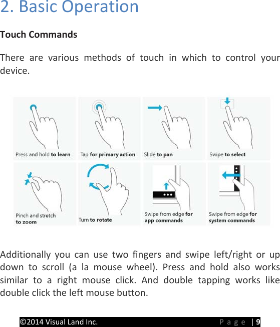 PRESTIGE Android Tablet Guide Book &copy;2014 Visual Land Inc.                             Page | 9 2. Basic Operation  Touch Commands There are various methods of touch in which to control your device.    Additionally you can use two fingers and swipe left/right or up down to scroll (a la mouse wheel). Press and hold also works similar to a right mouse click. And double tapping works like double click the left mouse button. 