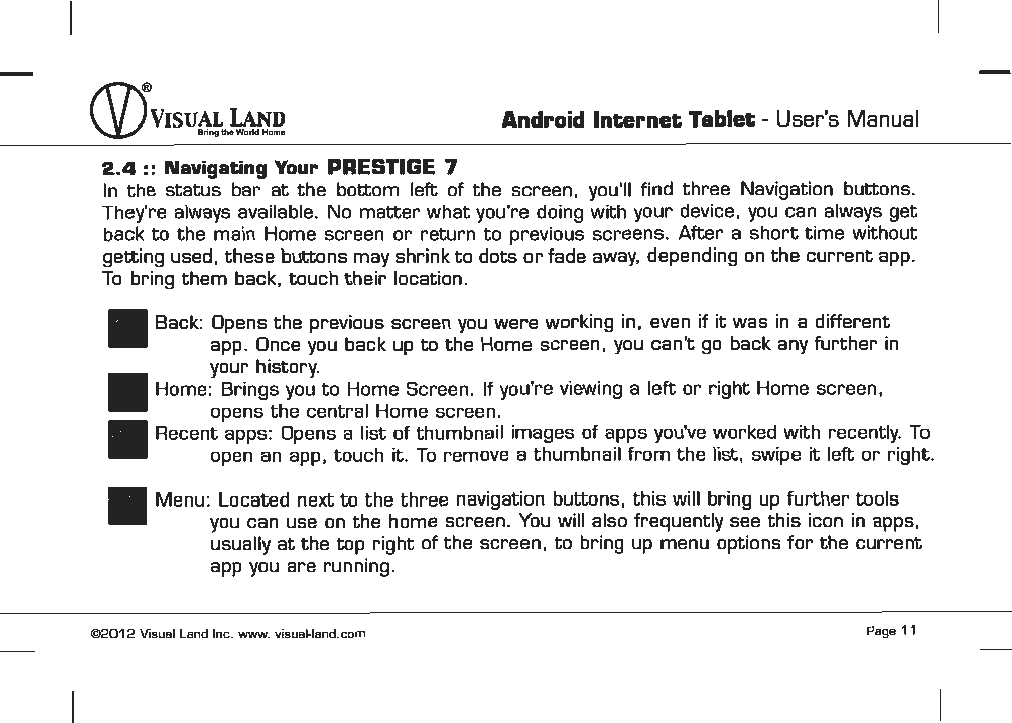 Page 12 of VISUAL LAND PRESTIGE7G 7inch TABLET User Manual 