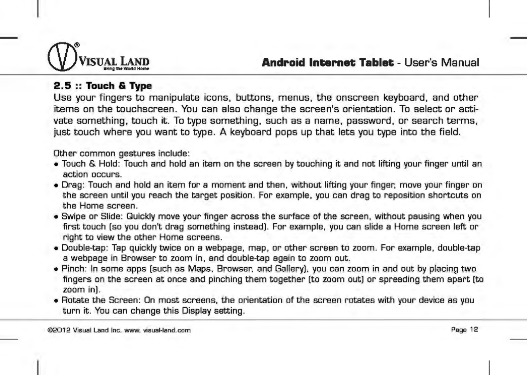 Page 13 of VISUAL LAND PRESTIGE7G 7inch TABLET User Manual 