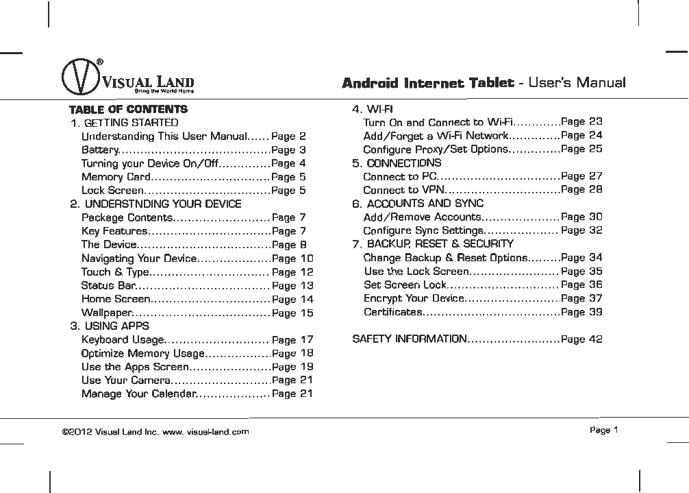 Page 2 of VISUAL LAND PRESTIGE7G 7inch TABLET User Manual 