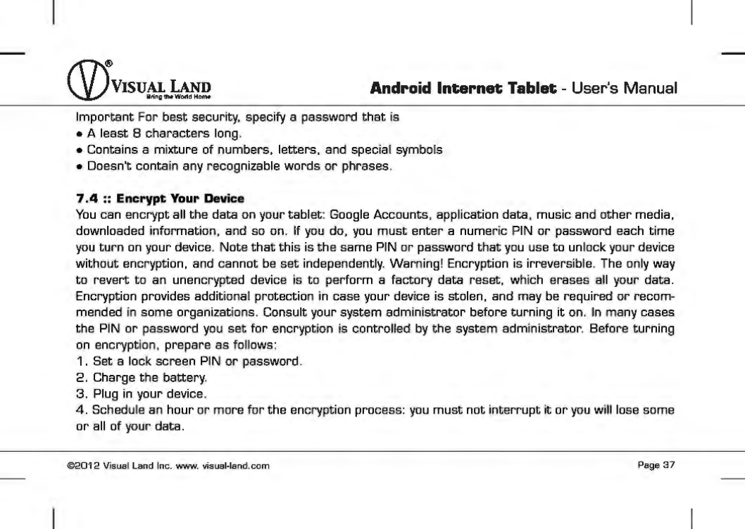 Page 38 of VISUAL LAND PRESTIGE7G 7inch TABLET User Manual 