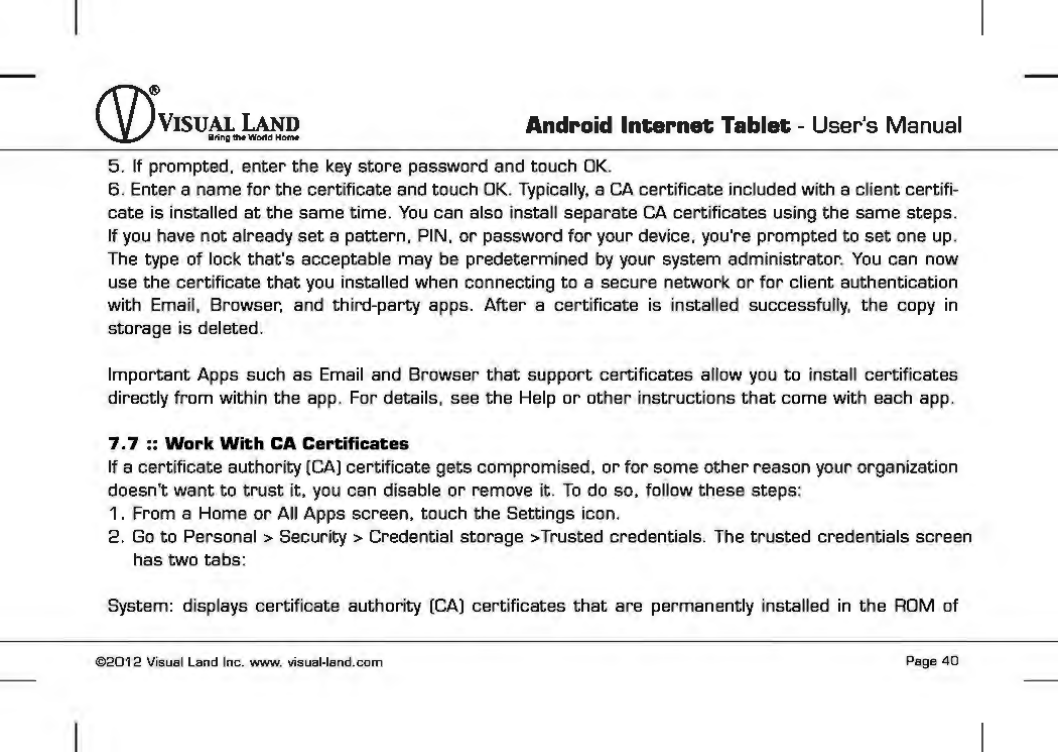 Page 41 of VISUAL LAND PRESTIGE7G 7inch TABLET User Manual 