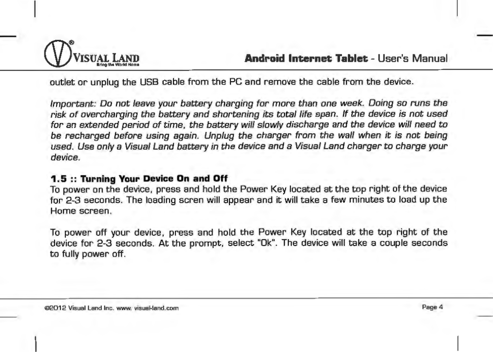 Page 5 of VISUAL LAND PRESTIGE7G 7inch TABLET User Manual 