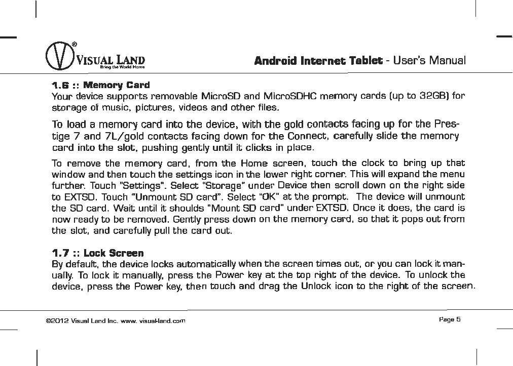 Page 6 of VISUAL LAND PRESTIGE7G 7inch TABLET User Manual 