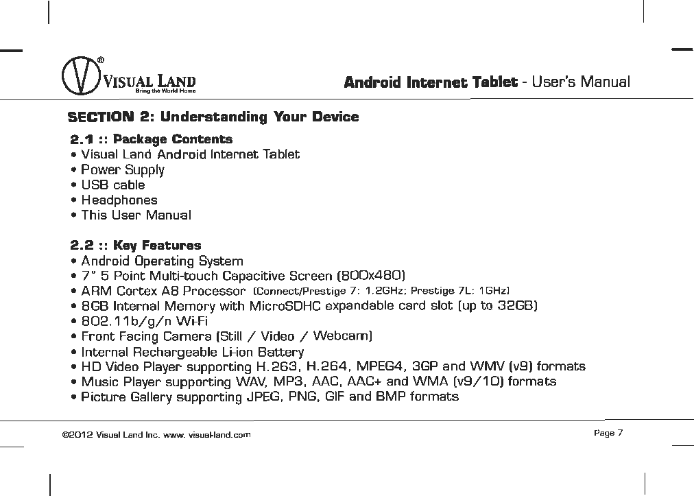 Page 8 of VISUAL LAND PRESTIGE7G 7inch TABLET User Manual 
