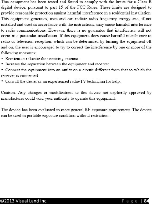 PRESTIGE Android Tablet Guide Book &copy;2013 Visual Land Inc.                             Page | 84  