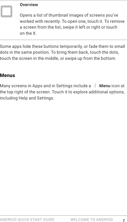 ANDROID QUICK START GUIDE   WELCOME TO ANDROID 7OverviewOpens a list of thumbnail images of screens you&rsquo;ve worked with recently. To open one, touch it. To remove a screen from the list, swipe it left or right or touch on the X.Some apps hide these buttons temporarily, or fade them to small dots in the same position. To bring them back, touch the dots, touch the screen in the middle, or swipe up from the bottom.MenusMany screens in Apps and in Settings include a   Menu icon at the top right of the screen. Touch it to explore additional options, including Help and Settings.