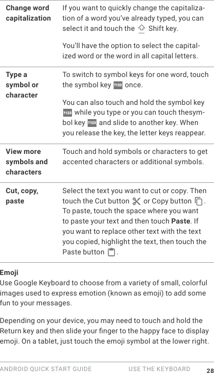 ANDROID QUICK START GUIDE   USE THE KEYBOARD 28Change word capitalizationIf you want to quickly change the capitaliza-tion of a word you&rsquo;ve already typed, you can select it and touch the   Shift key. You&rsquo;ll have the option to select the capital-ized word or the word in all capital letters.  Type a symbol or characterTo switch to symbol keys for one word, touch the symbol key  ?123  once. You can also touch and hold the symbol key ?123  while you type or you can touch thesym-bol key  ?123  and slide to another key. When you release the key, the letter keys reappear.View more symbols and charactersTouch and hold symbols or characters to get accented characters or additional symbols.Cut, copy, pasteSelect the text you want to cut or copy. Then touch the Cut button   or Copy button  . To paste, touch the space where you want to paste your text and then touch Paste. If you want to replace other text with the text you copied, highlight the text, then touch the Paste button  .EmojiUse Google Keyboard to choose from a variety of small, colorful images used to express emotion (known as emoji) to add some fun to your messages.Depending on your device, you may need to touch and hold the Return key and then slide your nger to the happy face to display emoji. On a tablet, just touch the emoji symbol at the lower right. 