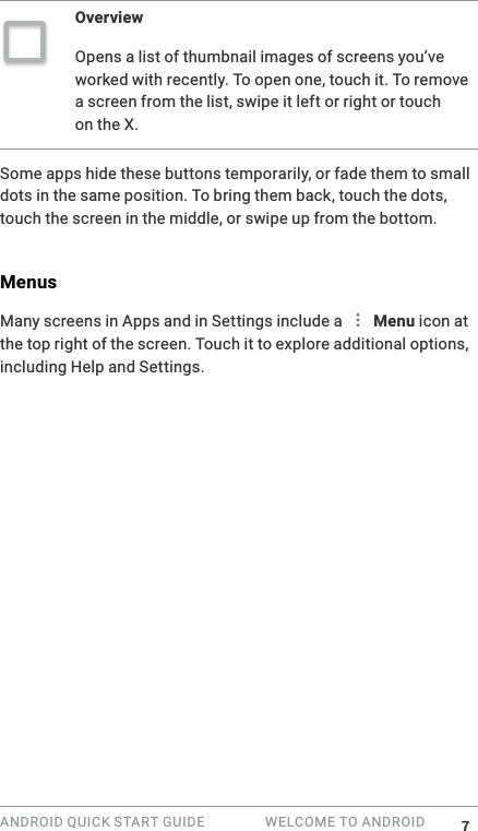 ANDROID QUICK START GUIDE   WELCOME TO ANDROID OverviewOpens a list of thumbnail images of screens you&rsquo;ve worked with recently. To open one, touch it. To remove a screen from the list, swipe it left or right or touch on the X.Some apps hide these buttons temporarily, or fade them to small dots in the same position. To bring them back, touch the dots, touch the screen in the middle, or swipe up from the bottom.MenusMany screens in Apps and in Settings include a   Menu icon at the top right of the screen. Touch it to explore additional options, including Help and Settings.