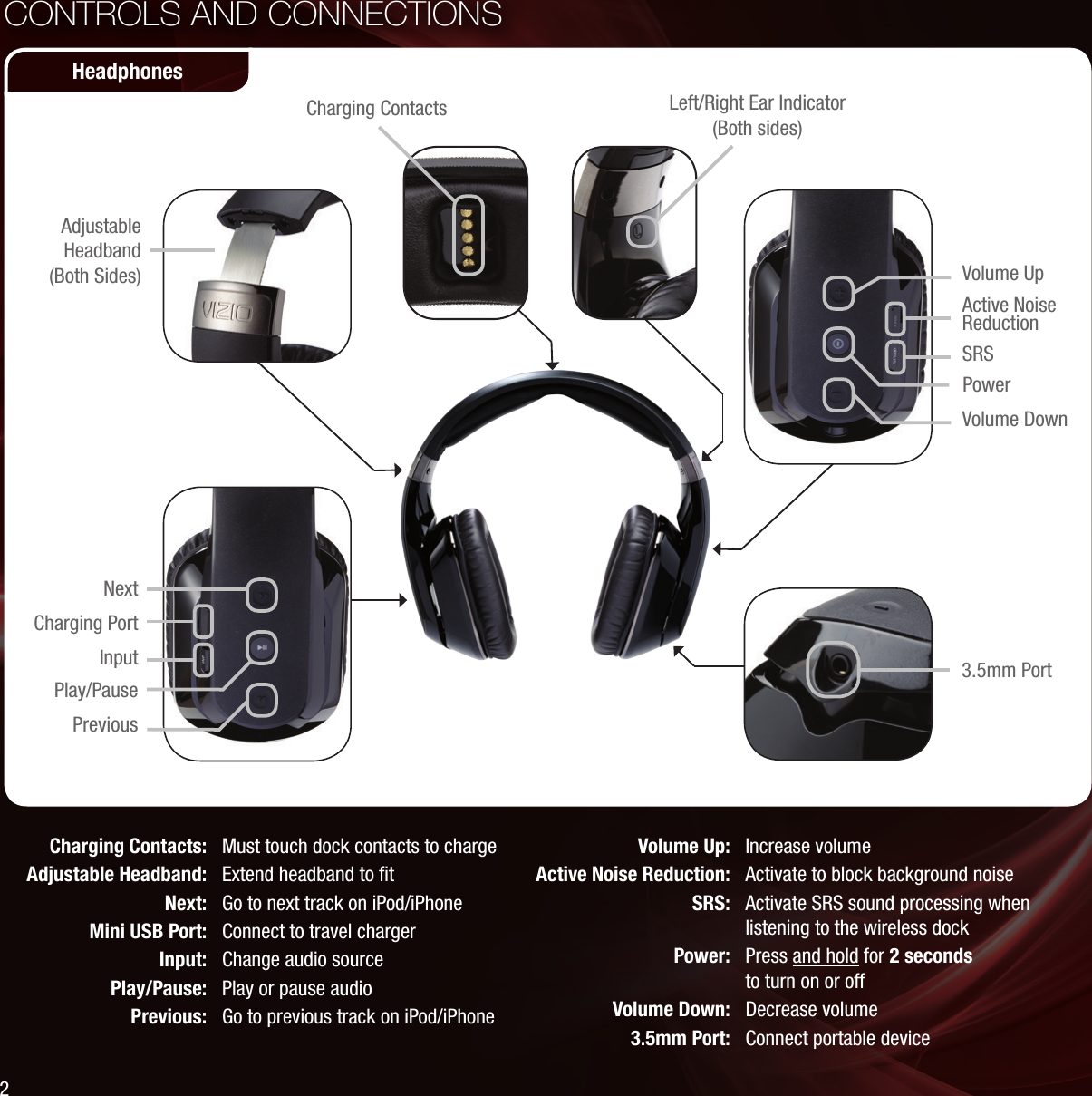 CONTROLS AND CONNECTIONSAdjustable Headband (Both Sides)NextCharging PortInputPlay/PausePreviousVolume UpActive Noise ReductionSRSPowerVolume Down3.5mm PortLeft/Right Ear Indicator (Both sides)Charging ContactsCharging Contacts: Must touch dock contacts to chargeAdjustable Headband: Extend headband to ﬁtNext: Go to next track on iPod/iPhoneMini USB Port: Connect to travel chargerInput: Change audio sourcePlay/Pause: Play or pause audioPrevious: Go to previous track on iPod/iPhoneVolume Up: Increase volumeActive Noise Reduction: Activate to block background noiseSRS: Activate SRS sound processing when listening to the wireless dockPower: Press and hold for 2 seconds  to turn on or offVolume Down: Decrease volume3.5mm Port: Connect portable deviceHeadphones2