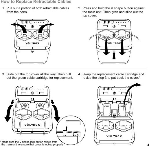 41.  Pull out a portion of both retractable cables from the ports.Slide out the top cover all the way. Then pull out the green cable cartridge for replacement.Swap the replacement cable cartridge andrevise the step 3 to put back the cover.*Press and hold the V shape button againstthe main unit. Then grab and slide out thetop cover.3. 2. 4. How to Replace Retractable Cables* Make sure the V shape lock button raised from   the main unit to ensure that cover is locked properly.