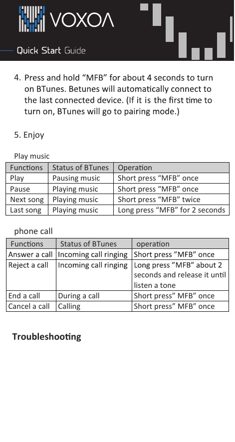              4.5. Enjoy Play musicFuncons Status of BTunes Operaonecno”BFM“sserptrohScisumgnisuaPyalPecno”BFM“sserptrohScisumgniyalPesuaPeciwt”BFM“sserptrohScisumgniyalPgnostxeNsdnoces2rof”BFM“sserpgnoLcisumgniyalPgnostsaLphone callFuncons Status of BTunes operaonseconds and release it unllisten a toneecno”BFM”sserptrohSllacagniruDllacadnEecno”BFM”sserptrohSgnillaCllacalecnaCTroubleshoong