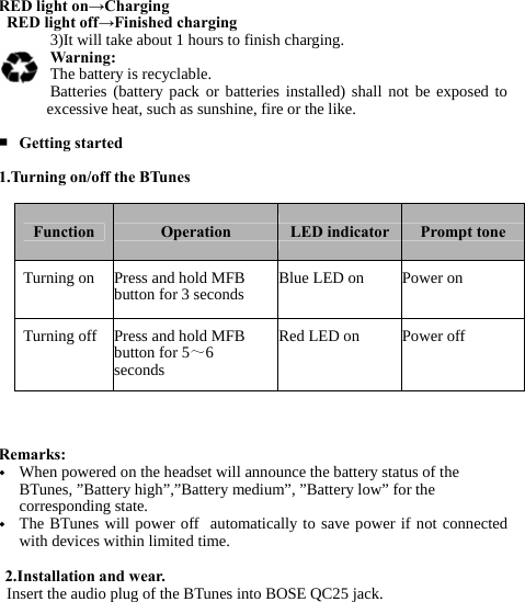   RED light on→Charging   RED light off→Finished charging 3)It will take about 1 hours to finish charging. Warning: The battery is recyclable. Batteries (battery pack or batteries installed) shall not be exposed to excessive heat, such as sunshine, fire or the like.  ■ Getting started  1.Turning on/off the BTunes  Function Operation LED indicator Prompt toneTurning on Press and hold MFBbutton for 3 seconds Blue LED on PoweronTurning off Press and hold MFBbutton for 5～6 seconds Red LED on Poweroff  Remarks: ◆ When powered on the headset will announce the battery status of the BTunes, ”Battery high”,”Battery medium”, ”Battery low” for the corresponding state. ◆ The BTunes will power off  automatically to save power if not connected with devices within limited time.  2.Installation and wear.   Insert the audio plug of the BTunes into BOSE QC25 jack.   