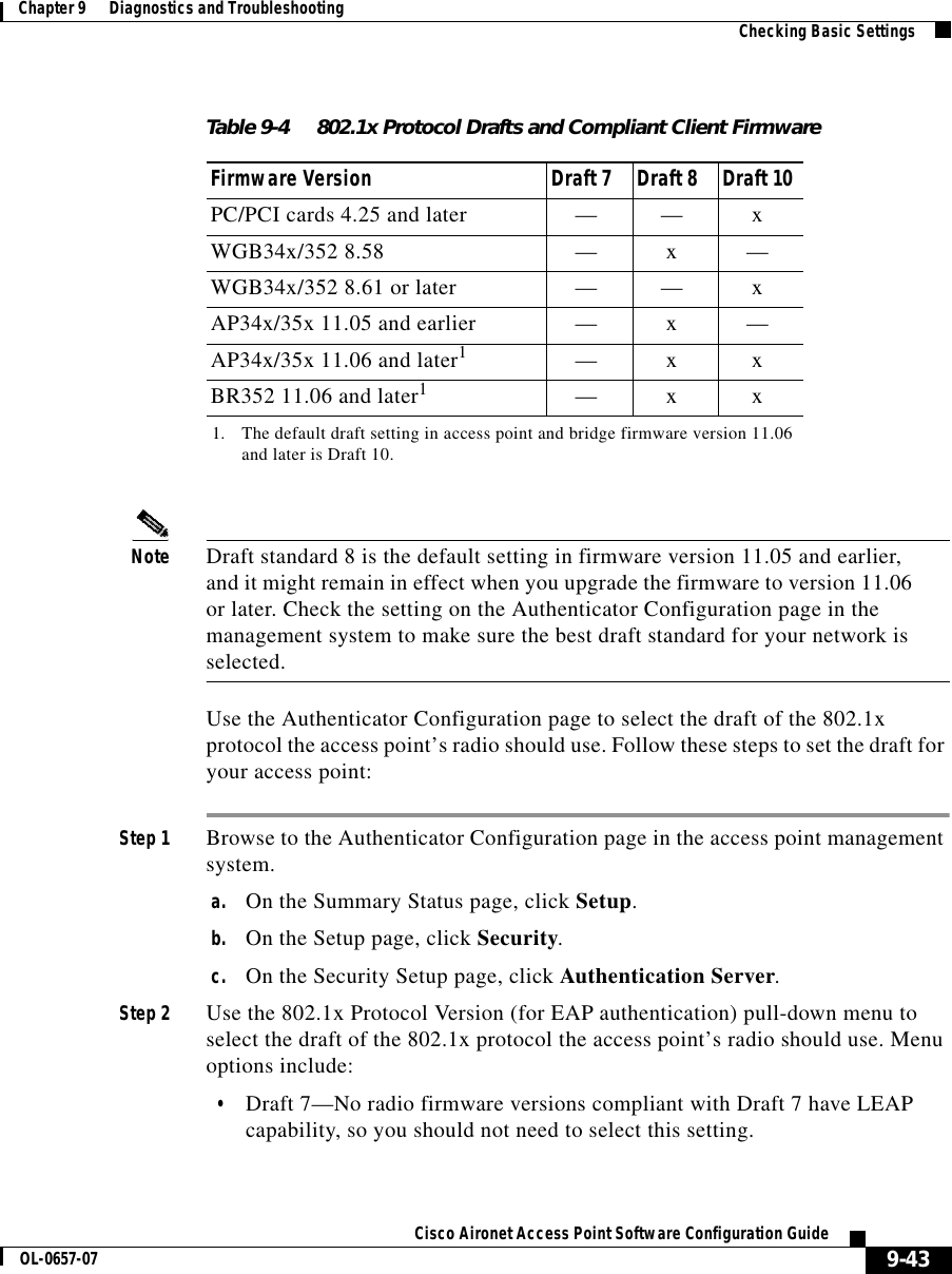  9-43Cisco Aironet Access Point Software Configuration GuideOL-0657-07Chapter 9      Diagnostics and Troubleshooting Checking Basic SettingsNote Draft standard 8 is the default setting in firmware version 11.05 and earlier, and it might remain in effect when you upgrade the firmware to version 11.06 or later. Check the setting on the Authenticator Configuration page in the management system to make sure the best draft standard for your network is selected.Use the Authenticator Configuration page to select the draft of the 802.1x protocol the access point’s radio should use. Follow these steps to set the draft for your access point:Step 1 Browse to the Authenticator Configuration page in the access point management system.a. On the Summary Status page, click Setup.b. On the Setup page, click Security.c. On the Security Setup page, click Authentication Server.Step 2 Use the 802.1x Protocol Version (for EAP authentication) pull-down menu to select the draft of the 802.1x protocol the access point’s radio should use. Menu options include:•Draft 7—No radio firmware versions compliant with Draft 7 have LEAP capability, so you should not need to select this setting.PC/PCI cards 4.25 and later —— xWGB34x/352 8.58 —x—WGB34x/352 8.61 or later —— xAP34x/35x 11.05 and earlier —x—AP34x/35x 11.06 and later1—xxBR352 11.06 and later1—xx1. The default draft setting in access point and bridge firmware version 11.06 and later is Draft 10.Table 9-4 802.1x Protocol Drafts and Compliant Client FirmwareFirmware Version Draft 7 Draft 8 Draft 10