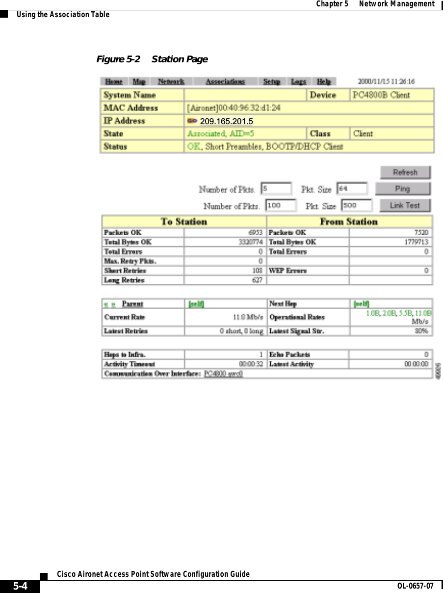  Chapter 5      Network ManagementUsing the Association Table5-4Cisco Aironet Access Point Software Configuration Guide OL-0657-07Figure 5-2 Station Page209.165.201.5