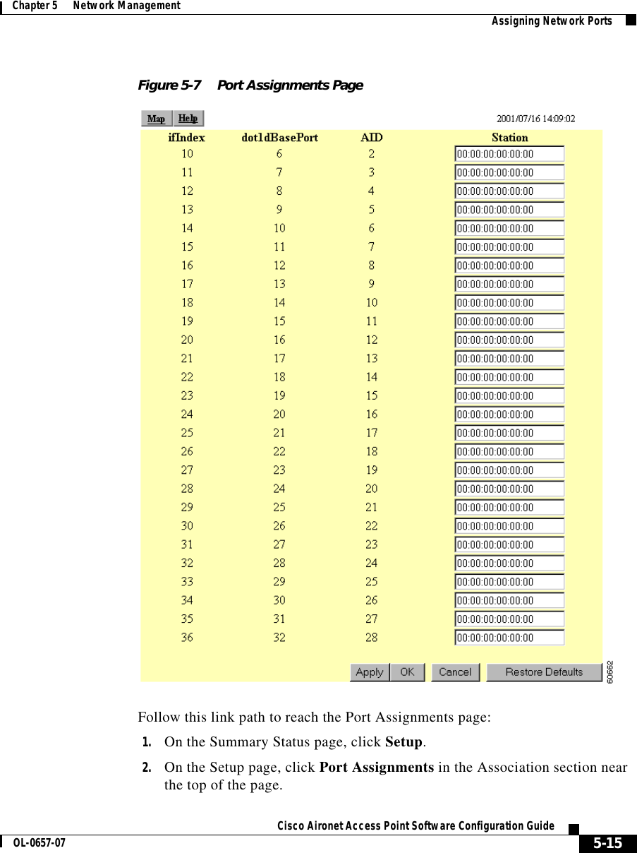  5-15Cisco Aironet Access Point Software Configuration GuideOL-0657-07Chapter 5      Network Management Assigning Network PortsFigure 5-7 Port Assignments PageFollow this link path to reach the Port Assignments page:1. On the Summary Status page, click Setup.2. On the Setup page, click Port Assignments in the Association section near the top of the page.