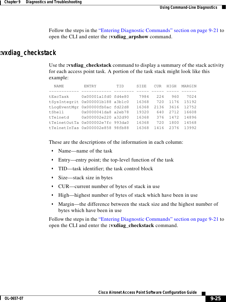  9-25Cisco Aironet Access Point Software Configuration GuideOL-0657-07Chapter 9      Diagnostics and Troubleshooting Using Command-Line DiagnosticsFollow the steps in the “Entering Diagnostic Commands” section on page 9-21 to open the CLI and enter the :vxdiag_arpshow command. :vxdiag_checkstackUse the :vxdiag_checkstack command to display a summary of the stack activity for each access point task. A portion of the task stack might look like this example:NAME ENTRY TID SIZE CUR HIGH MARGIN------------ ------------ -------- ----- ----- ----- ------tExcTask 0x00001a1fd0 fd4e80 7984 224 960 7024tSysIntegrit 0x000001b188 a3b1c0 16368 720 1176 15192tLogEventMgr 0x00000fb0ac fd22d8 16368 2136 3616 12752tShell 0x0000041da8 a2eb78 19320 640 2712 16608tTelnetd 0x000002e220 a32d90 16368 376 1472 14896tTelnetOutTa 0x000002e7fc 993da0 16368 720 1800 14568tTelnetInTas 0x000002e858 98fb88 16368 1416 2376 13992These are the descriptions of the information in each column:•Name—name of the task•Entry—entry point; the top-level function of the task•TID—task identifier; the task control block•Size—stack size in bytes•CUR—current number of bytes of stack in use•High—highest number of bytes of stack which have been in use•Margin—the difference between the stack size and the highest number of bytes which have been in useFollow the steps in the “Entering Diagnostic Commands” section on page 9-21 to open the CLI and enter the :vxdiag_checkstack command. 