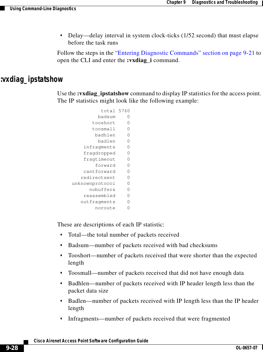  Chapter 9      Diagnostics and TroubleshootingUsing Command-Line Diagnostics9-28Cisco Aironet Access Point Software Configuration Guide OL-0657-07•Delay—delay interval in system clock-ticks (1/52 second) that must elapse before the task runsFollow the steps in the “Entering Diagnostic Commands” section on page 9-21 to open the CLI and enter the :vxdiag_i command. :vxdiag_ipstatshowUse the :vxdiag_ipstatshow command to display IP statistics for the access point. The IP statistics might look like the following example:total 5760badsum 0tooshort 0toosmall 0badhlen 0badlen 0infragments 0fragdropped 0fragtimeout 0forward 0cantforward 0redirectsent 0unknownprotocol 0nobuffers 0reassembled 0outfragments 0noroute 0These are descriptions of each IP statistic:•Total—the total number of packets received•Badsum—number of packets received with bad checksums•Tooshort—number of packets received that were shorter than the expected length•Toosmall—number of packets received that did not have enough data•Badhlen—number of packets received with IP header length less than the packet data size•Badlen—number of packets received with IP length less than the IP header length•Infragments—number of packets received that were fragmented
