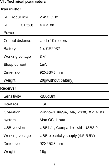  5VI . Technical parameters Transmitter RF Frequency  2.453 GHz RF Output Power &lt; 0 dBm Control distance  Up to 10 meters Battery  1 x CR2032 Working voltage  3 V Sleep current  1uA Dimension 92X33X8 mm Weight 20g(without battery) Receiver  Sensitivity -100dBm Interface USB Operation system Windows 98/Se, Me, 2000, XP, Vista, Mac OS, Linux USB version  USB1.1 , Compatible with USB2.0 Working voltage  USB electricity supply (4.5-5.5V) Dimension 92X25X8 mm Weight 16g 